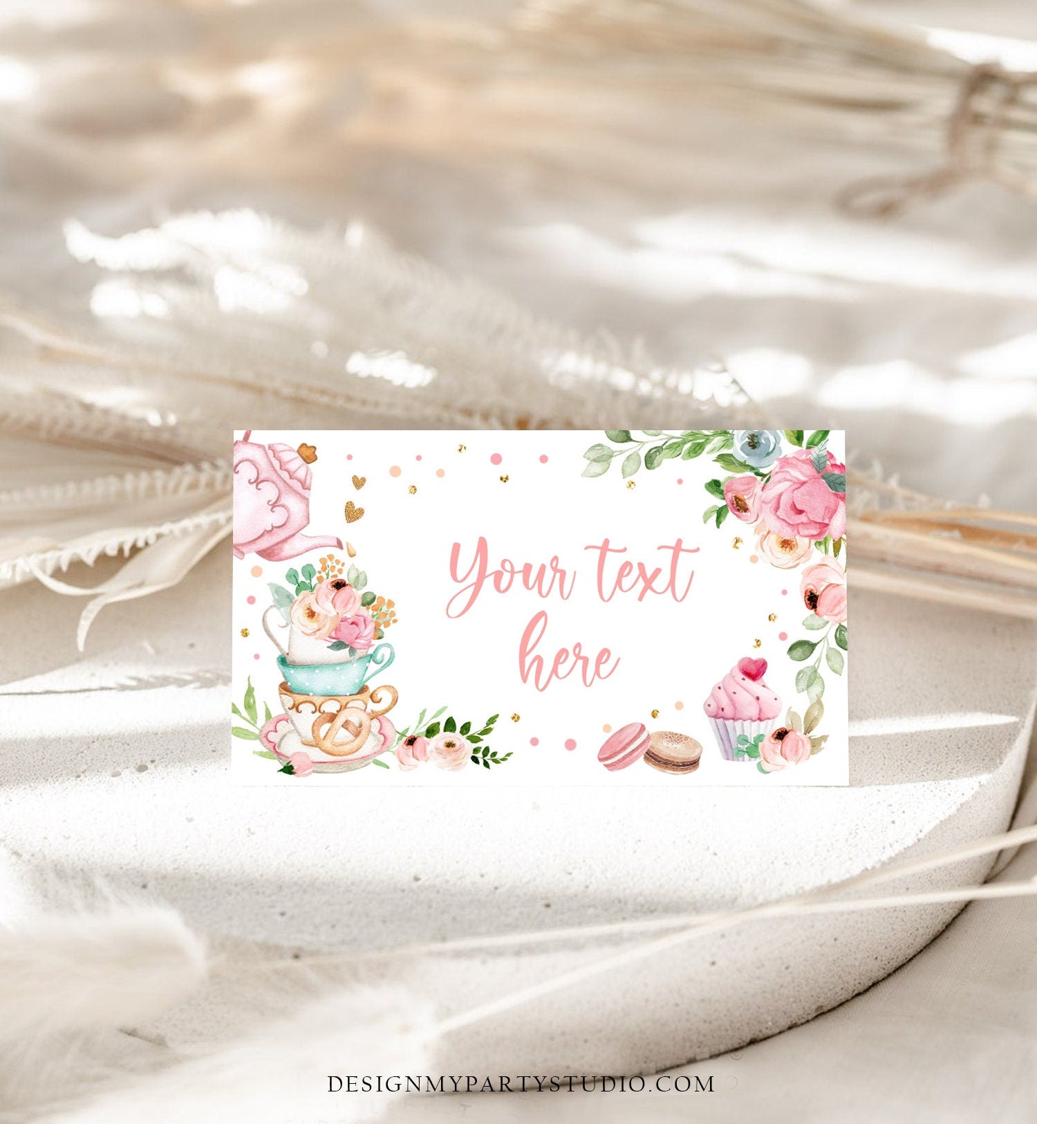 Editable Tea Party Food Label Tea Place Card Tent Card Escort Card Par-Tea Tea for Two Decor Girl Floral Pink Printable Corjl Template 0349