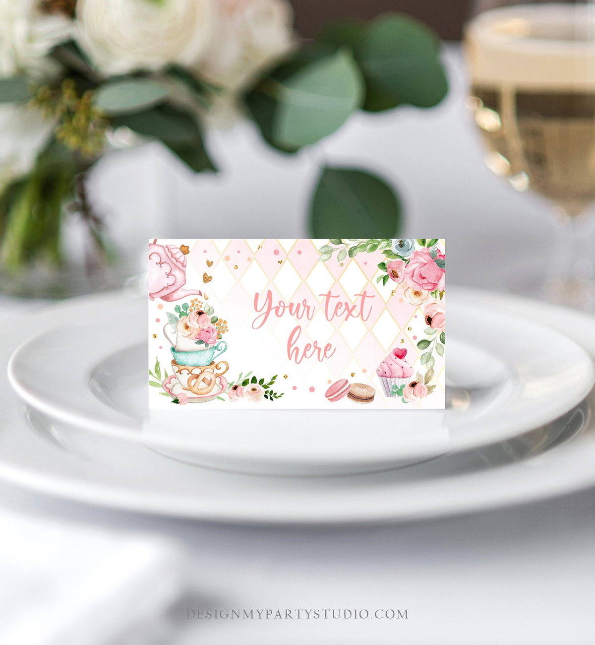 Editable Tea Party Food Label Tea Place Card Tent Card Escort Card Par-Tea Tea for Two Decor Girl Floral Pink Template Printable 0349