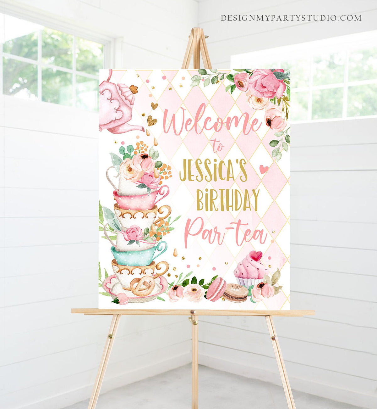 Editable Birthday Tea Party Welcome Sign Birthday Par-tea Floral Pink Gold Whimsical Girl Shower Garden Party Template PRINTABLE Corjl 0349