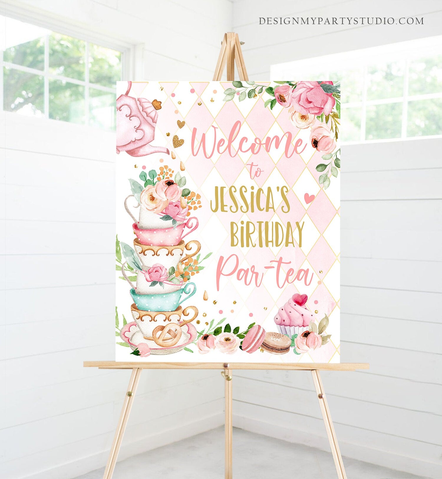 Editable Birthday Tea Party Welcome Sign Birthday Par-tea Floral Pink Gold Whimsical Girl Shower Garden Party Template PRINTABLE Corjl 0349