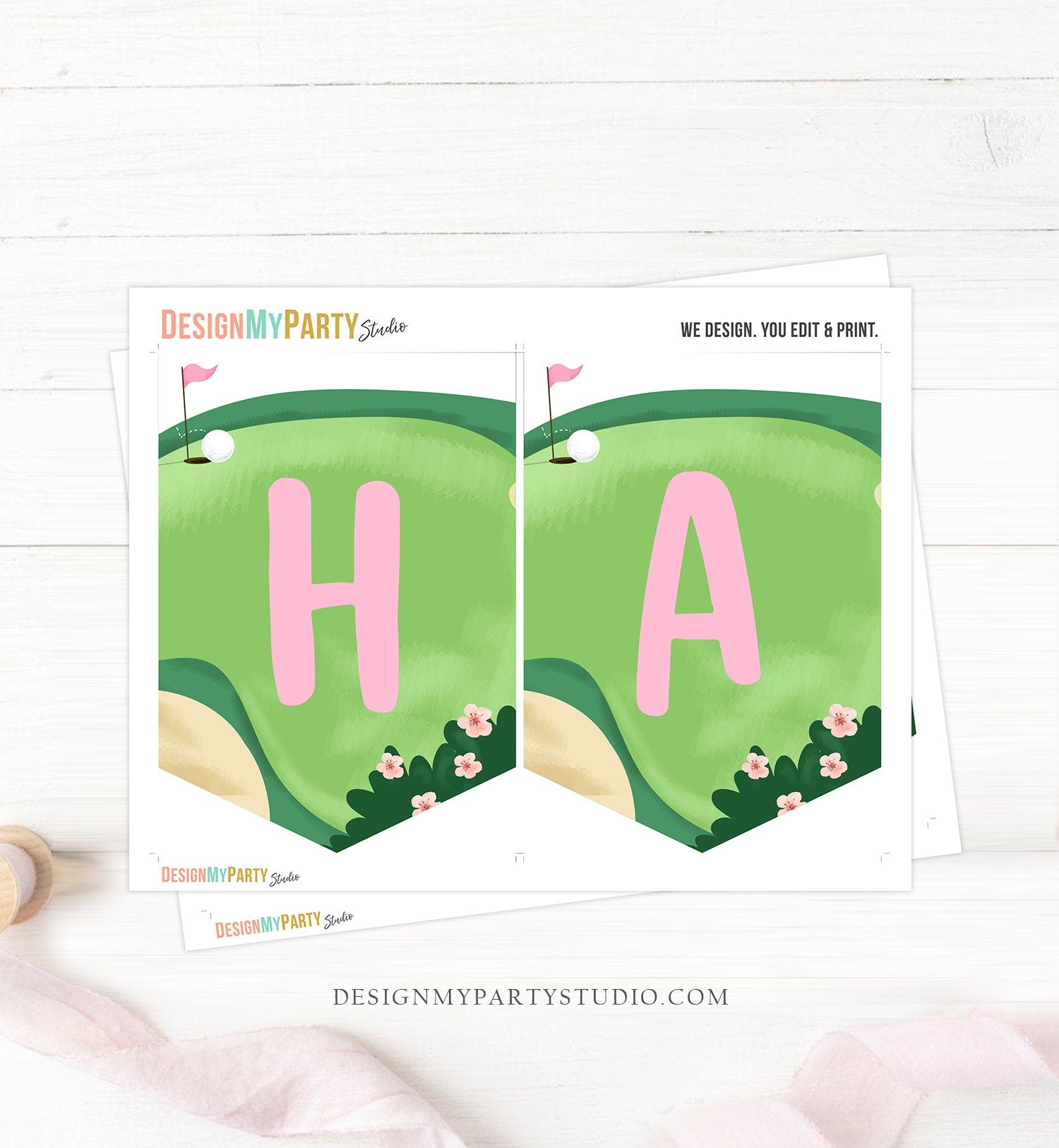 Golf Happy Birthday Banner Hole in One Banner Birthday Girl Pink Golfing Decorations Par-tee Instant download PRINTABLE DIGITAL DIY 0405