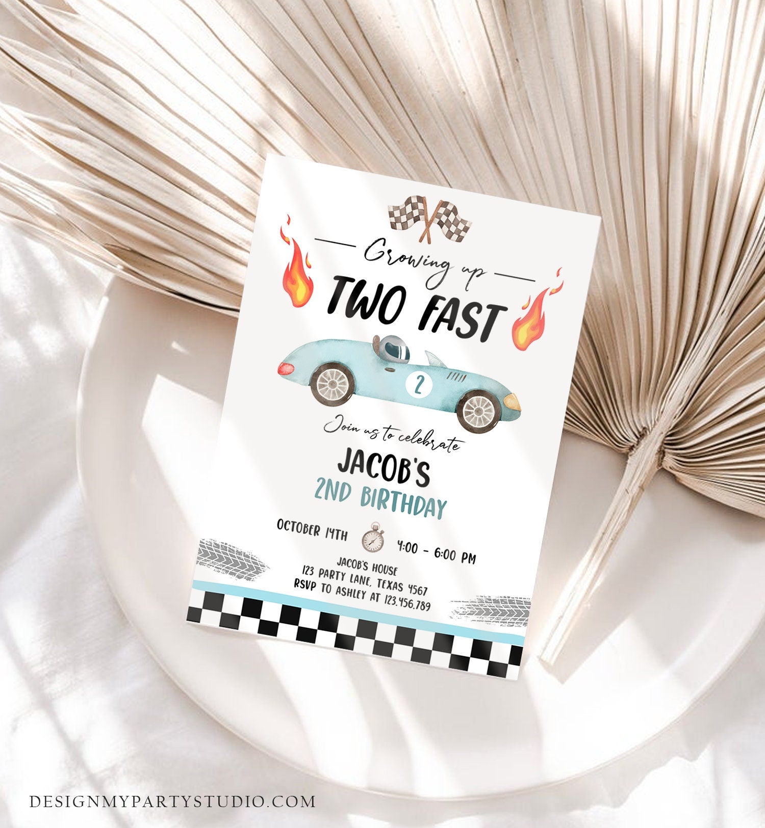 Editable Racing Car Birthday Invitation Growing Up Two Fast Invite Second Birthday 2nd Boy Download Printable Template Digital Corjl 0424