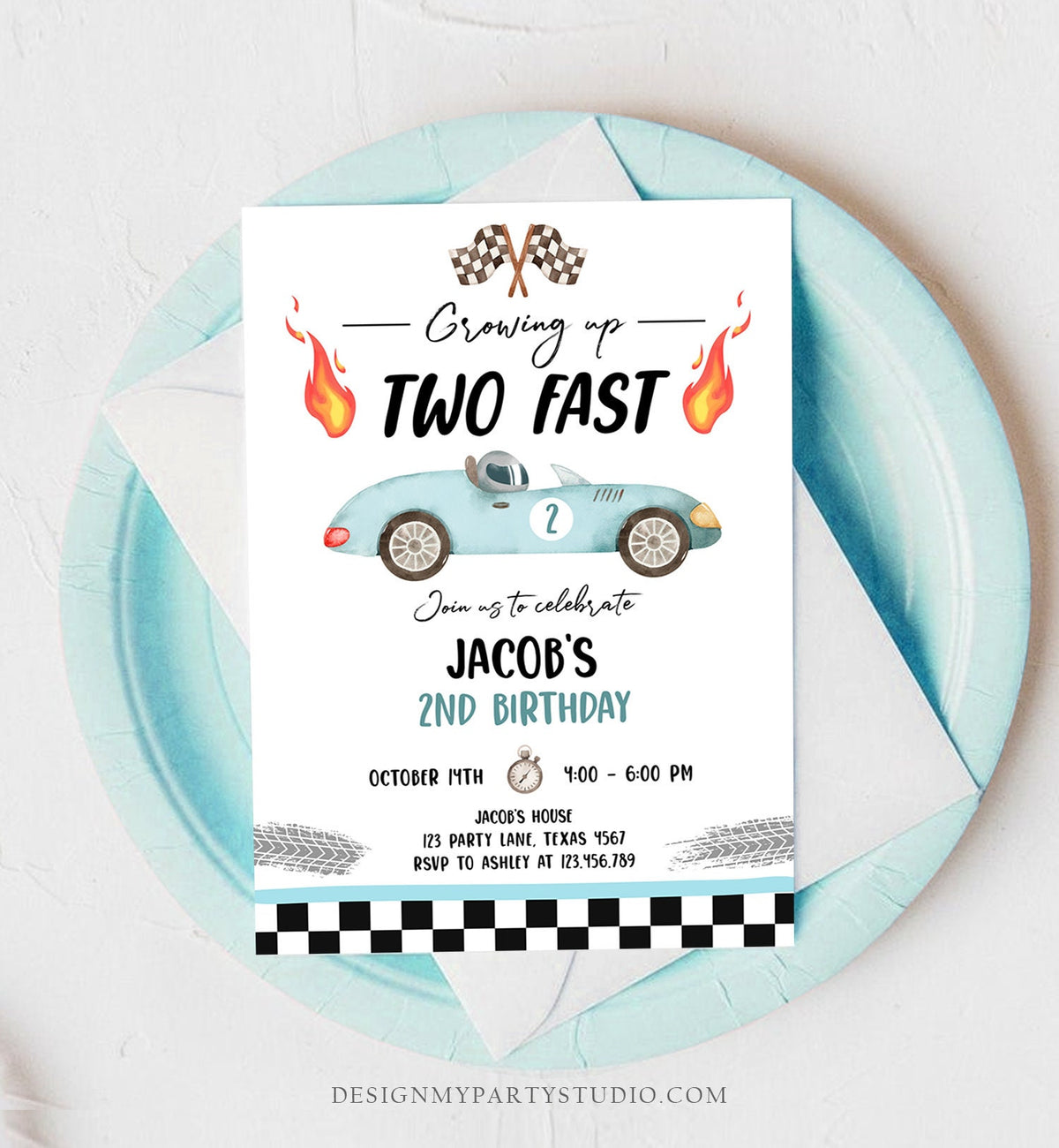 Editable Racing Car Birthday Invitation Growing Up Two Fast Second Birthday 2nd Blue Race Boy Digital Download Evite Template Printable 0424