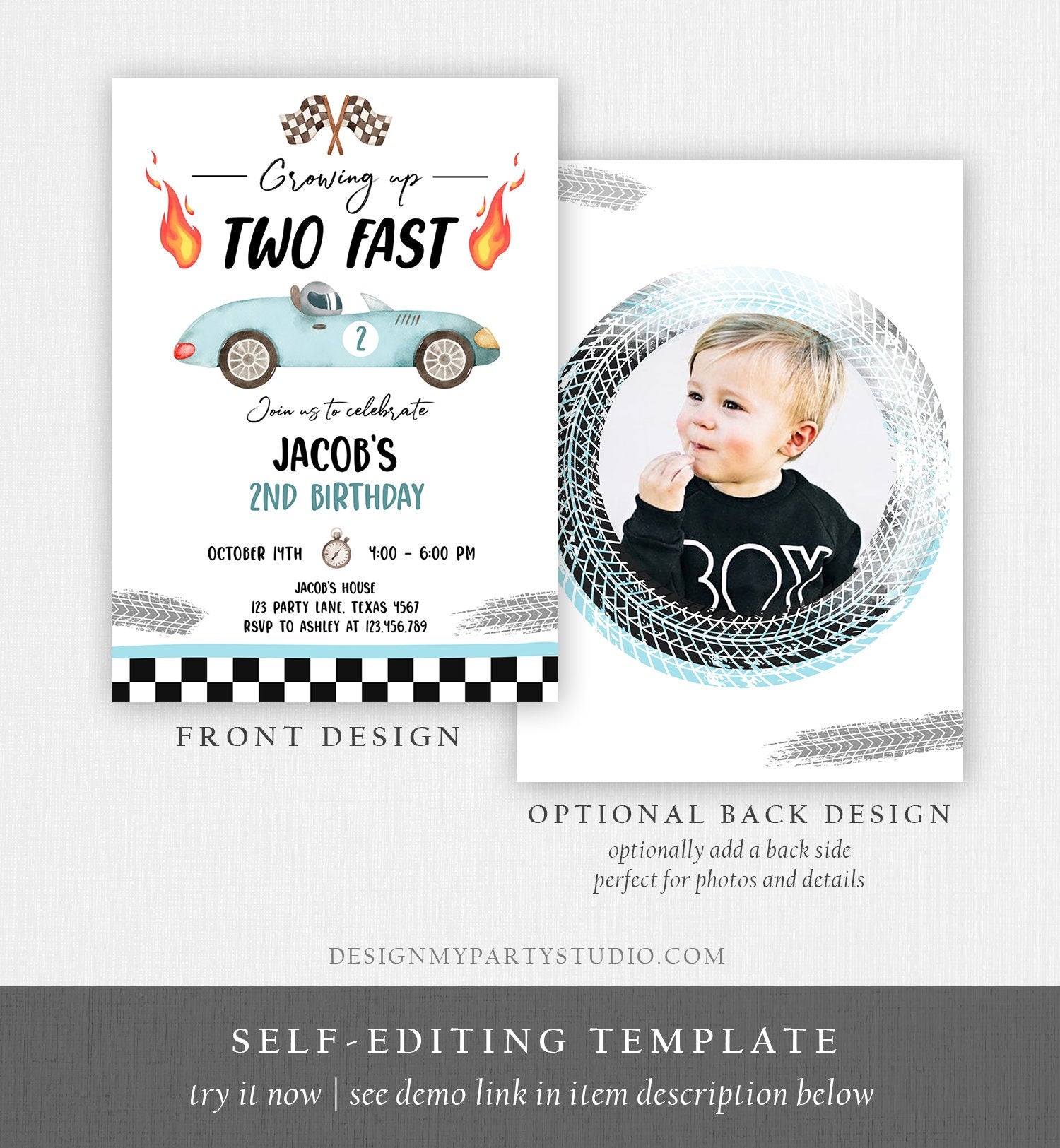 Editable Racing Car Birthday Invitation Growing Up Two Fast Second Birthday 2nd Blue Race Boy Digital Download Evite Template Printable 0424