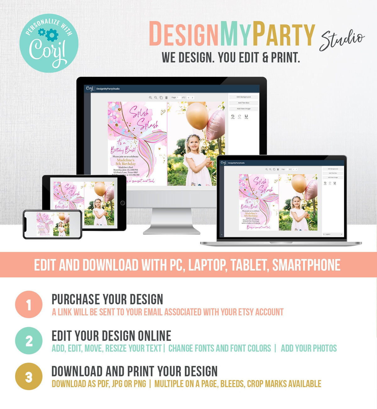 Editable Mermaid Birthday Party Invitation Girl Blush Pink Gold Mermaid Birthday Under The Sea Digital Download Template Printable 0403