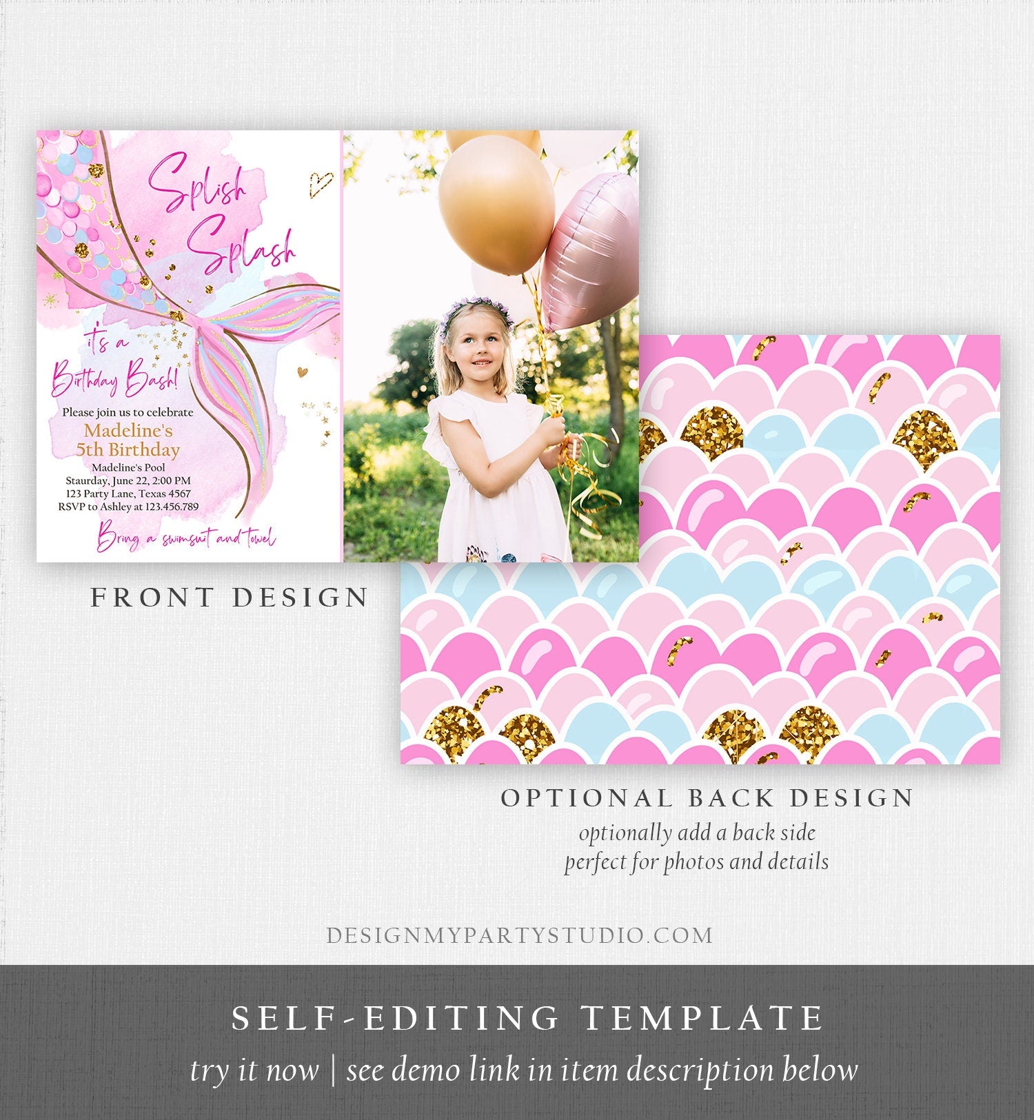 Editable Mermaid Birthday Party Invitation Girl Blush Pink Gold Mermaid Birthday Under The Sea Digital Download Template Printable 0403