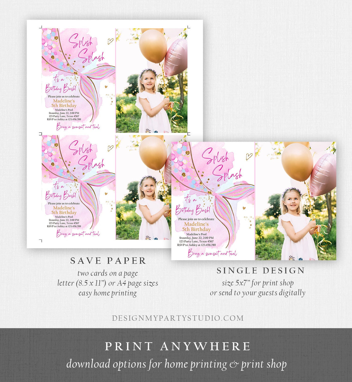 Editable Mermaid Birthday Party Invitation Girl Blush Pink Gold Mermaid Birthday Under The Sea Digital Download Template Printable 0403