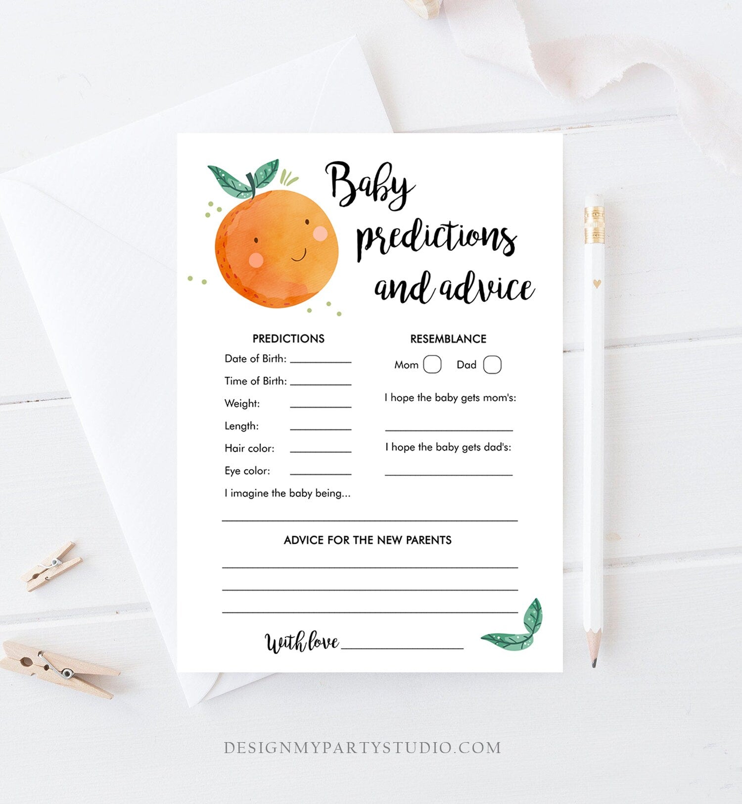 Editable Baby Predictions and Advice Baby Shower Game Card Little Cutie Orange Clementine Sprinkle Activity Download Template Corjl 0330