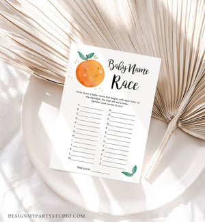 Editable Baby Name Race Baby Shower Game Card Little Cutie Orange Clementine Guess Baby Names Sprinkle Activity Download Template Corjl 0330