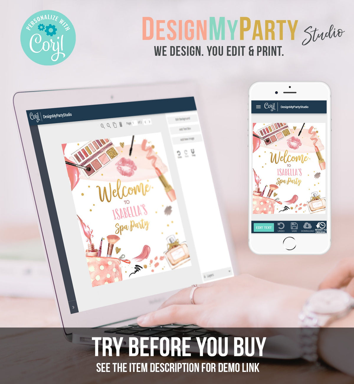 Editable Spa Party Birthday Welcome Sign Glamour Party Spa Birthday Poster Decor Girl Pink Gold Makeup Party Template Digital Printable 0420