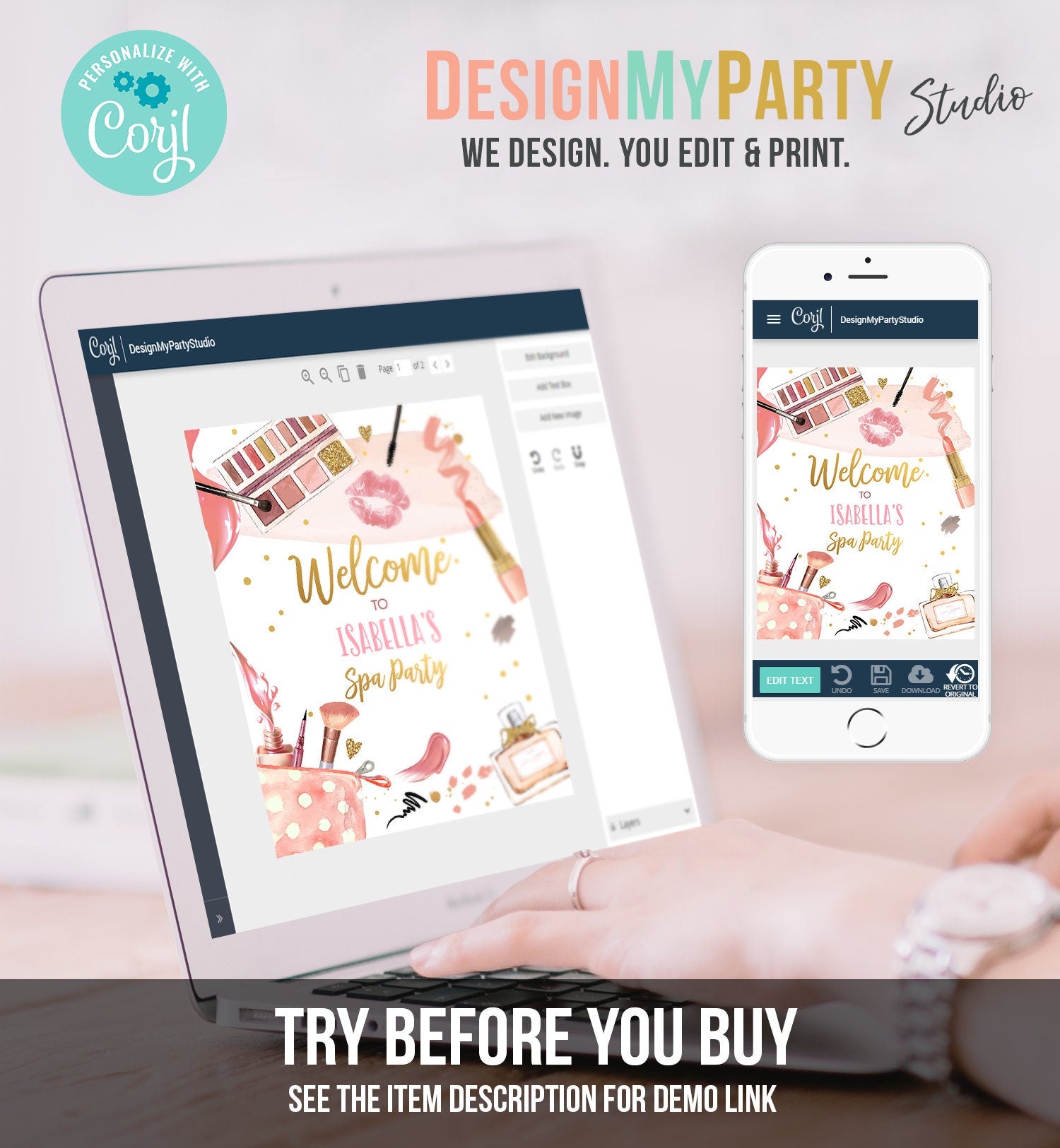 Editable Spa Party Birthday Welcome Sign Glamour Party Spa Birthday Poster Decor Girl Pink Gold Makeup Party Template Digital Printable 0420