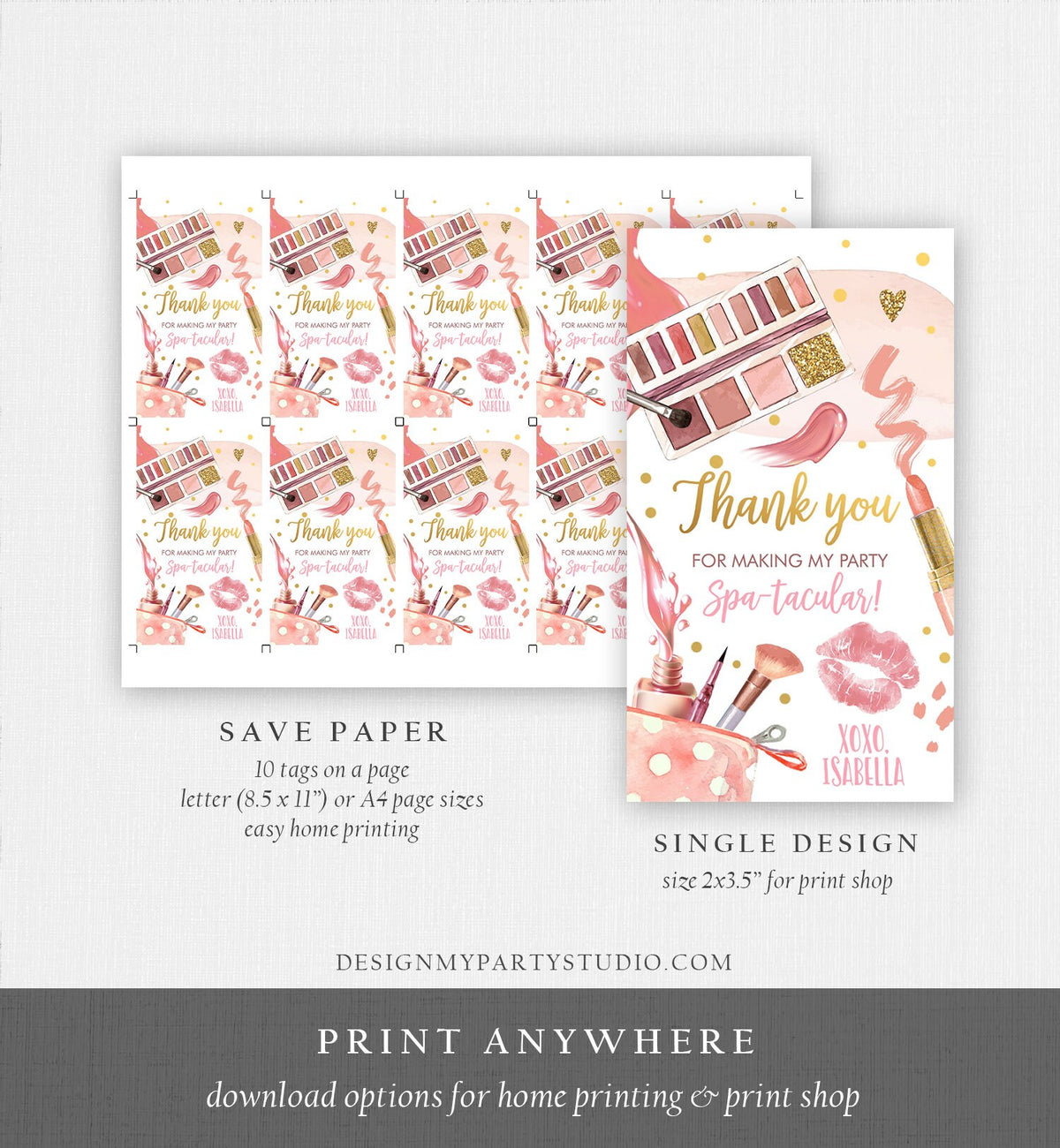 Editable Spa Party Favor Tags Glamour Party Thank You Tags Spa Birthday Girl Make up Party Glam Pink Gift Tag Digital Corjl Template 0420