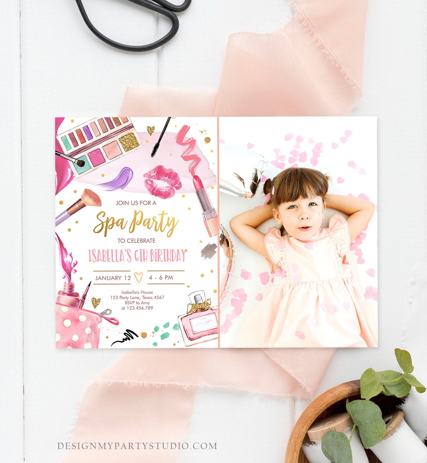 Editable Spa Birthday Invitation Party Glitters and Glamour Fashion Makeup Pink Gold Girl Digital Download Evite Template Printable 0420