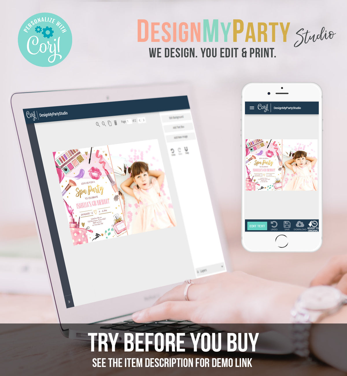 Editable Spa Birthday Invitation Party Glitters and Glamour Fashion Makeup Pink Gold Girl Digital Download Evite Template Printable 0420