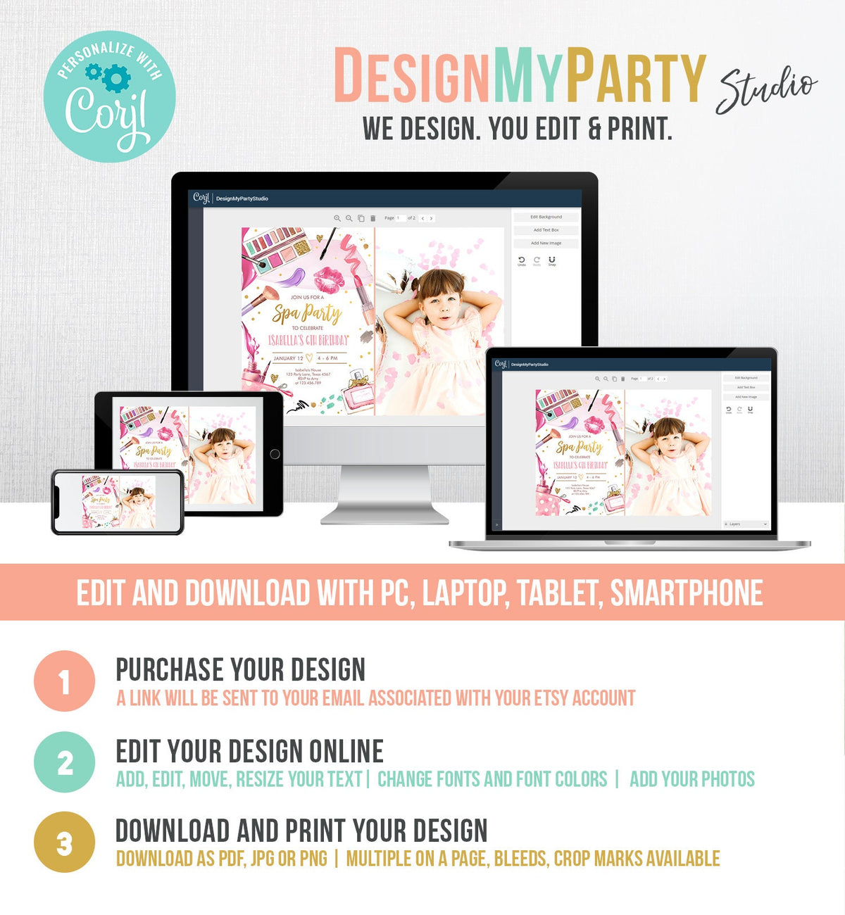 Editable Spa Birthday Invitation Party Glitters and Glamour Fashion Makeup Pink Gold Girl Digital Download Evite Template Printable 0420