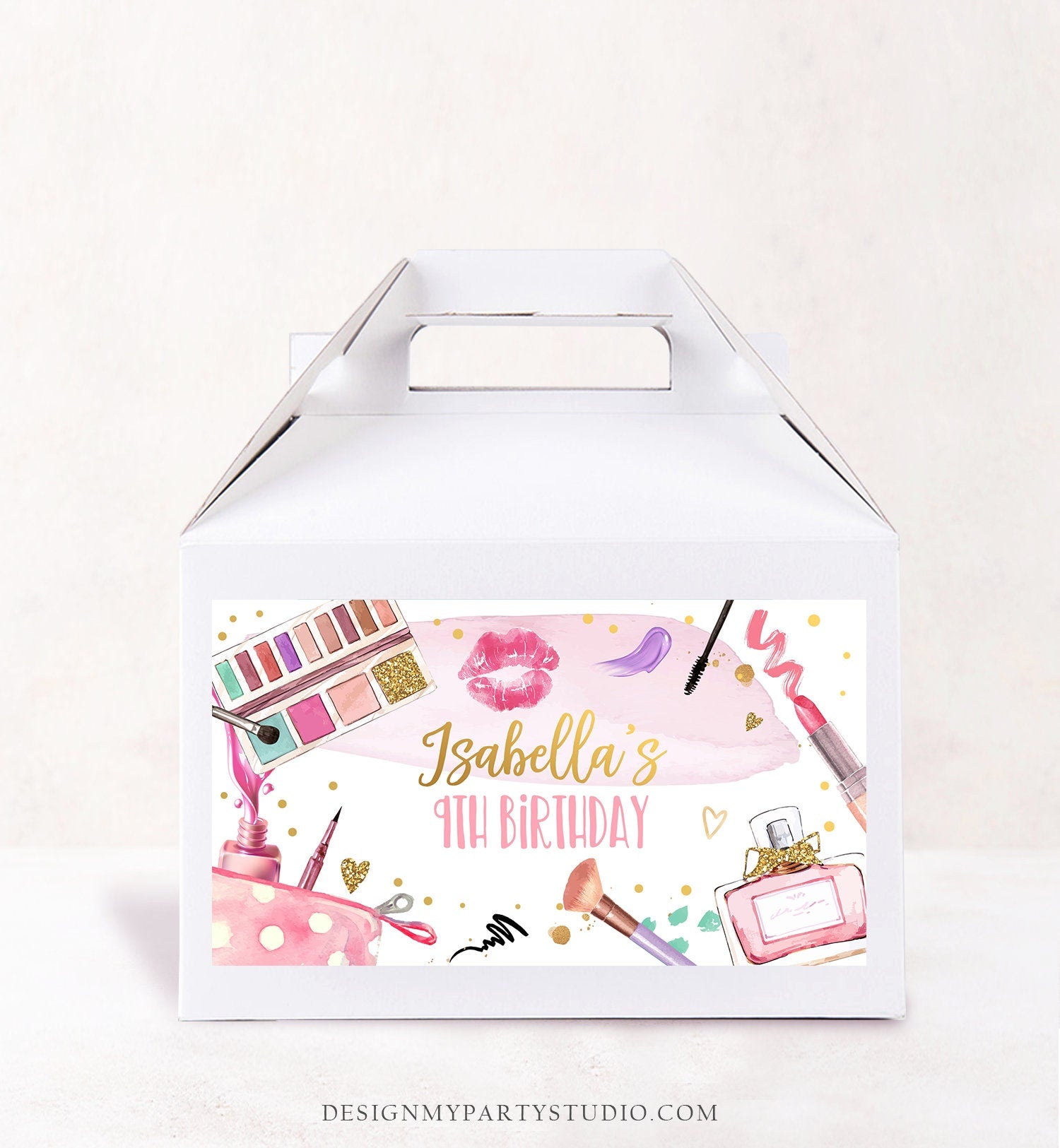 Editable Spa Party Favor Box Glamour Birthday Gable Box Label Girl Makeup Party Fashion Glitters and Glamour Download Printable Corjl 0420