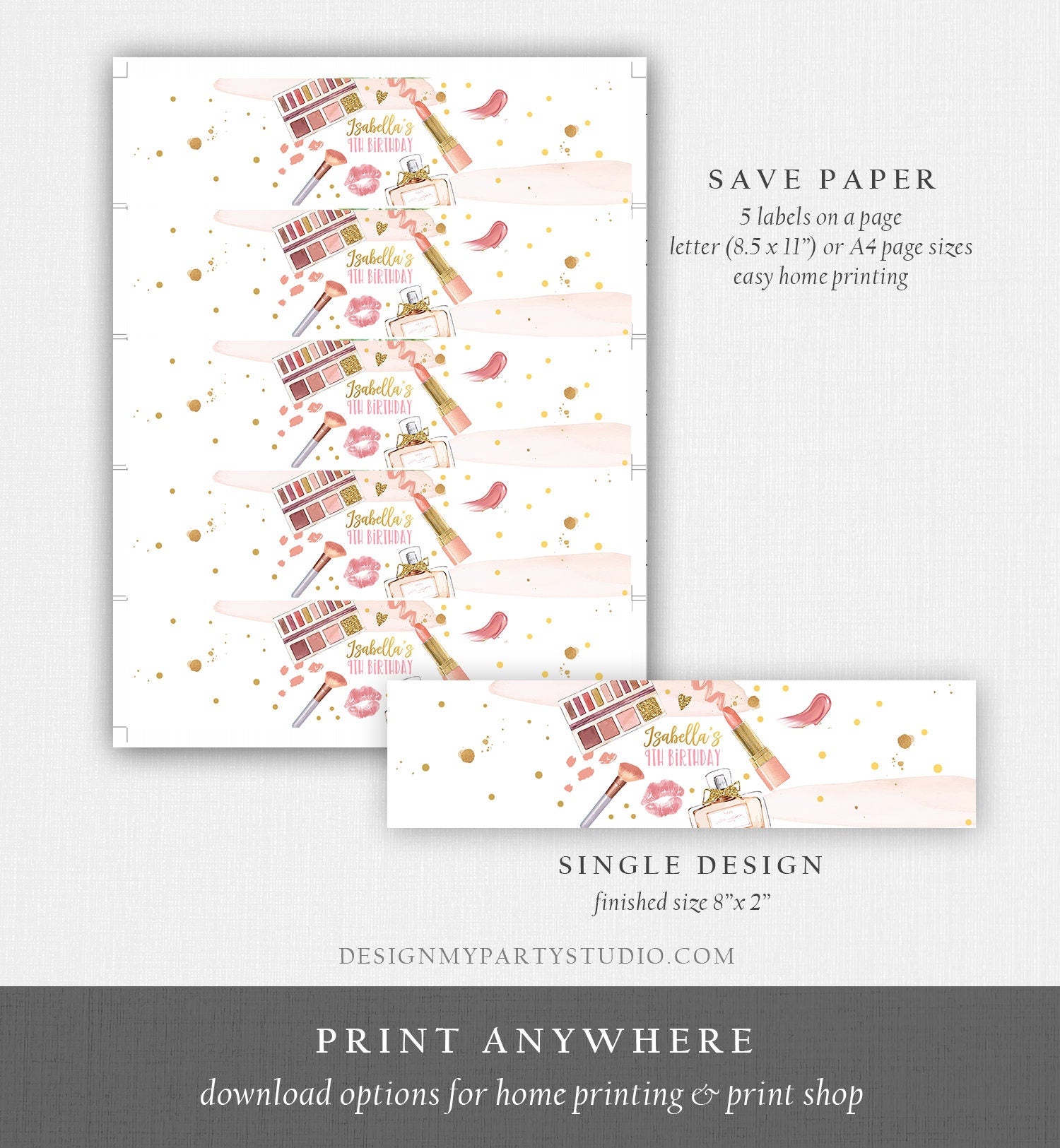 Editable Spa Party Water Bottle Labels Spa Birthday Party Girl Glamour Glitters and Glamour Makeup Download Printable Template Corjl 0420