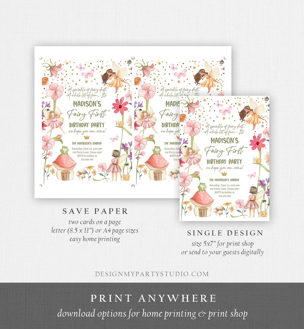 Editable Fairy First Birthday Invitation Fairy Garden Birthday Fairy Forest Girl 1st Birthday Magical Download Printable Template Corjl 0406