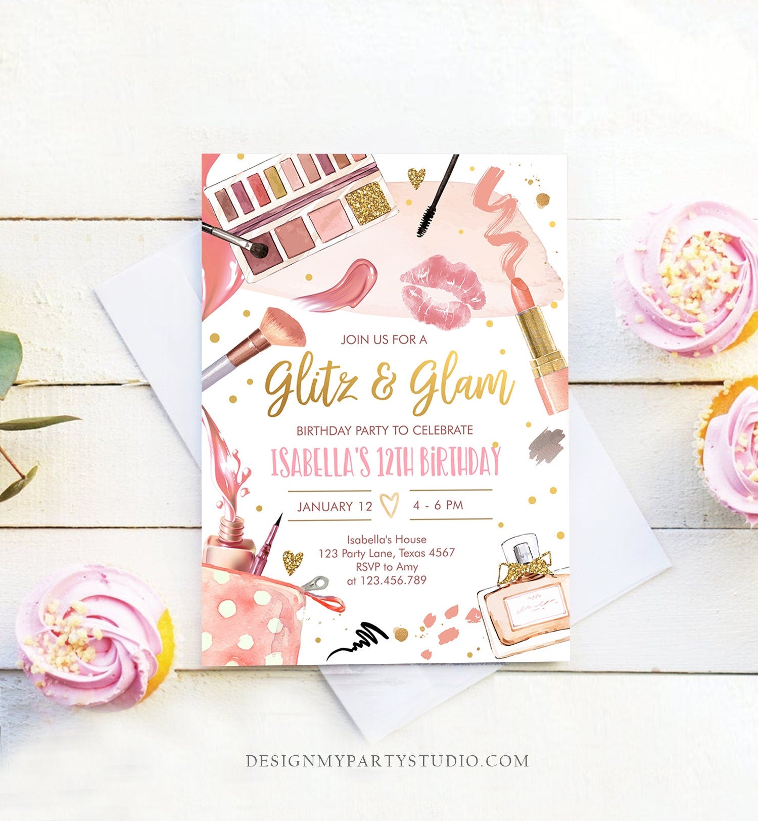 Editable Glitz and Glam Birthday Party Invitation Spa Party Makeup Birthday Invitation Pink Gold Girl Digital Evite Template Printable 0420