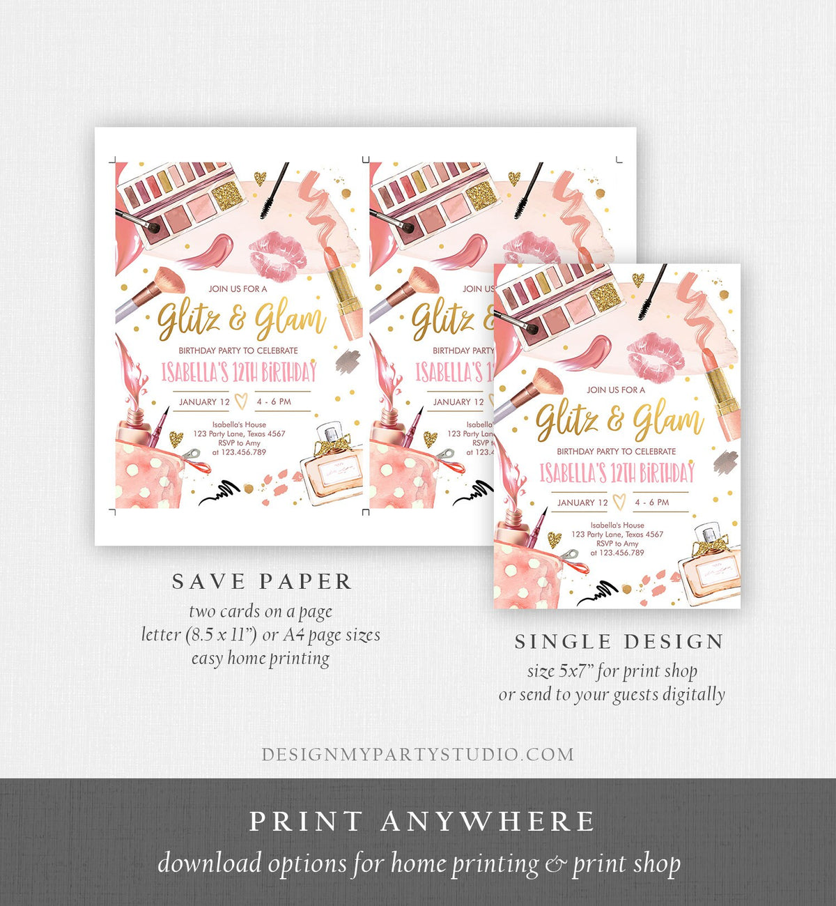 Editable Glitz and Glam Birthday Party Invitation Spa Party Makeup Birthday Invitation Pink Gold Girl Digital Evite Template Printable 0420