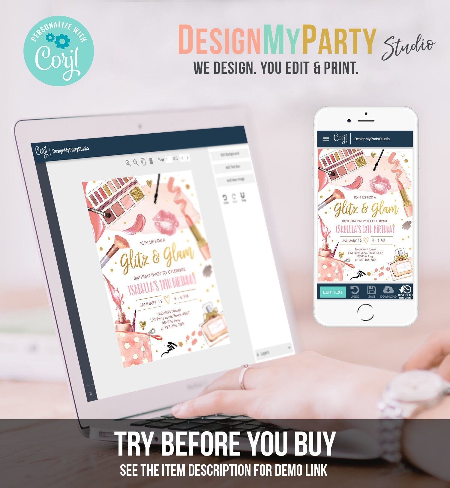 Editable Glitz and Glam Birthday Party Invitation Spa Party Makeup Birthday Invitation Pink Gold Girl Digital Evite Template Printable 0420