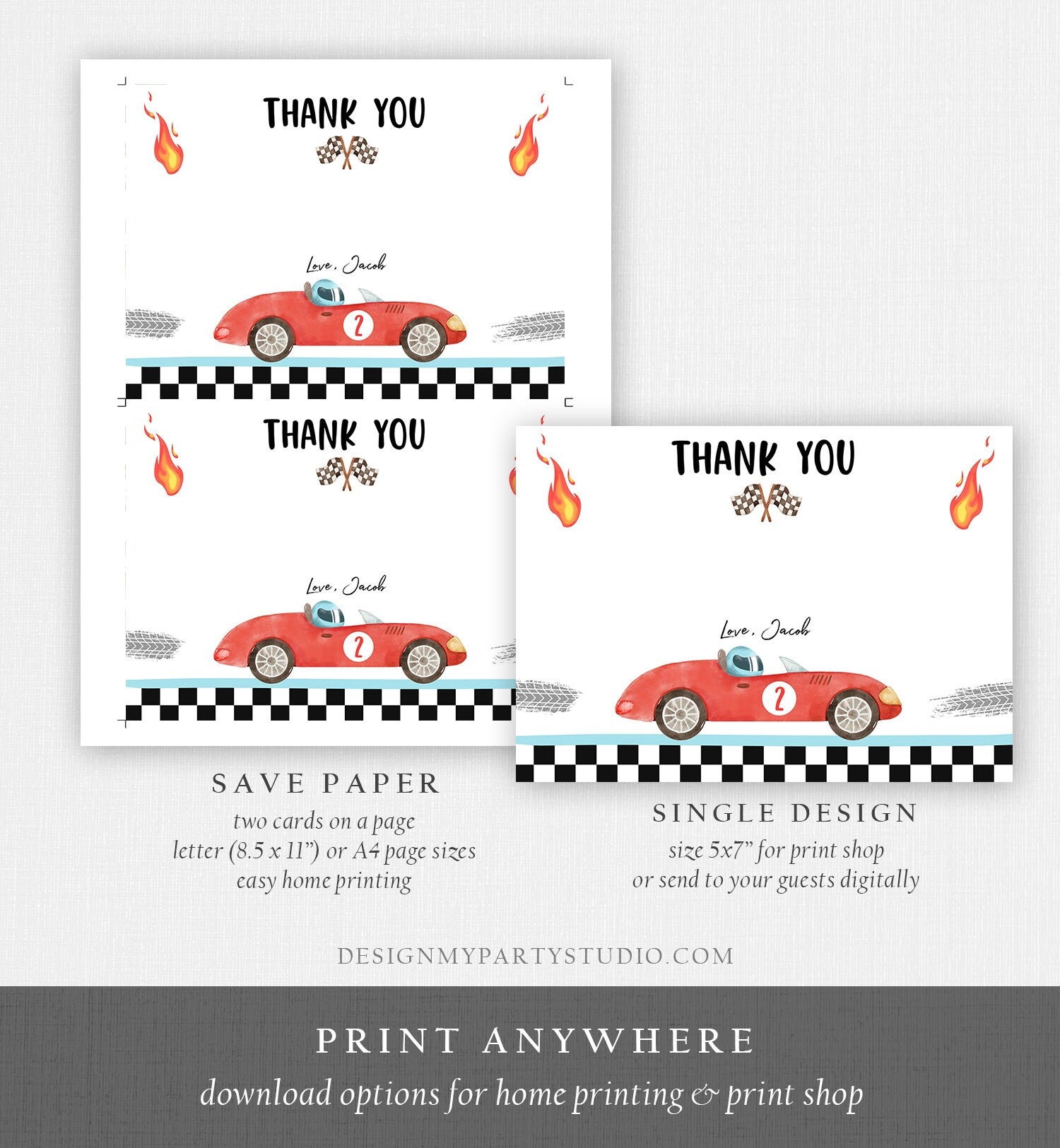 Editable Race Car Thank You Card Two Fast Birthday Boy Red Racing Car Note Birthday Fast One Digital Download Template Printable 0424