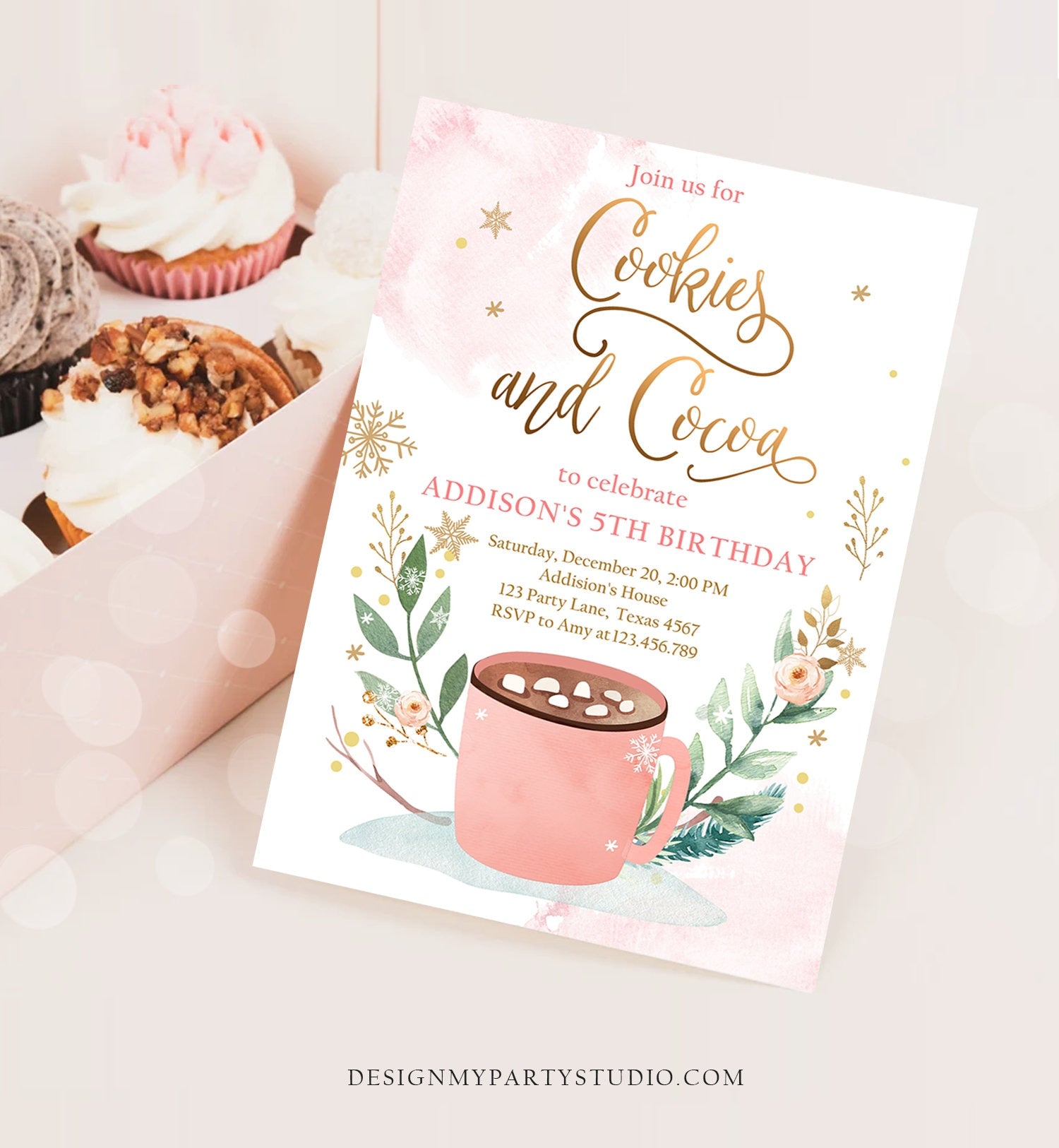 Editable Cookies and Cocoa Invitation Hot Cocoa Party Hot Chocolate Winter Birthday Girl Pink Gold Download Printable Template Corjl 0353