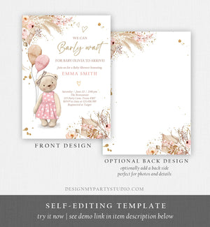 Editable Boho Bear Baby Shower Invitation Girl We can Bearly Wait Pampas Grass Teddy Bear Printable Template Instant Download Corjl 0421