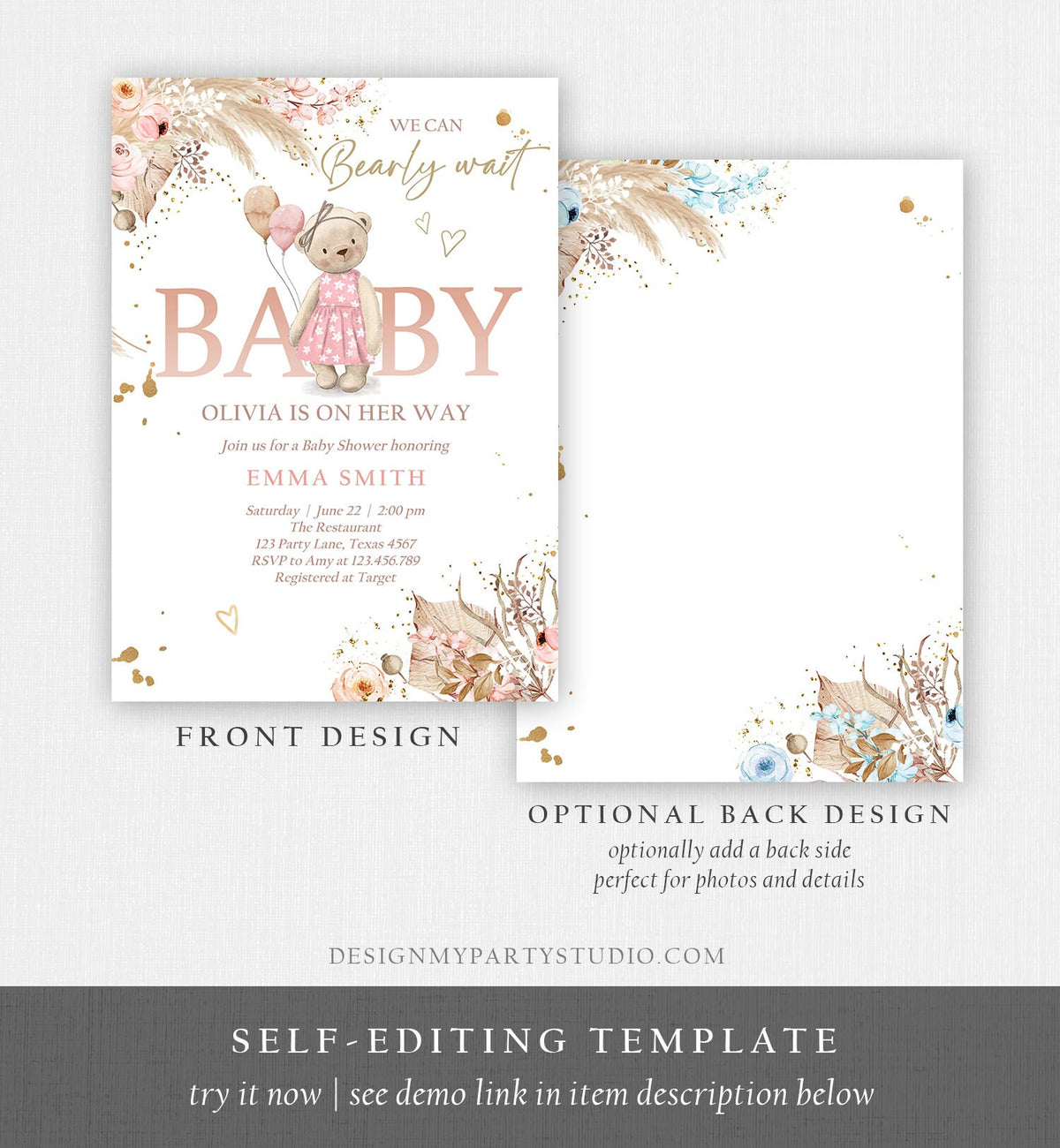 Editable Boho Bear Baby Shower Invitation Girl We can Bearly Wait Pampas Grass Teddy Bear Evite Template Digital Download Printable 0421