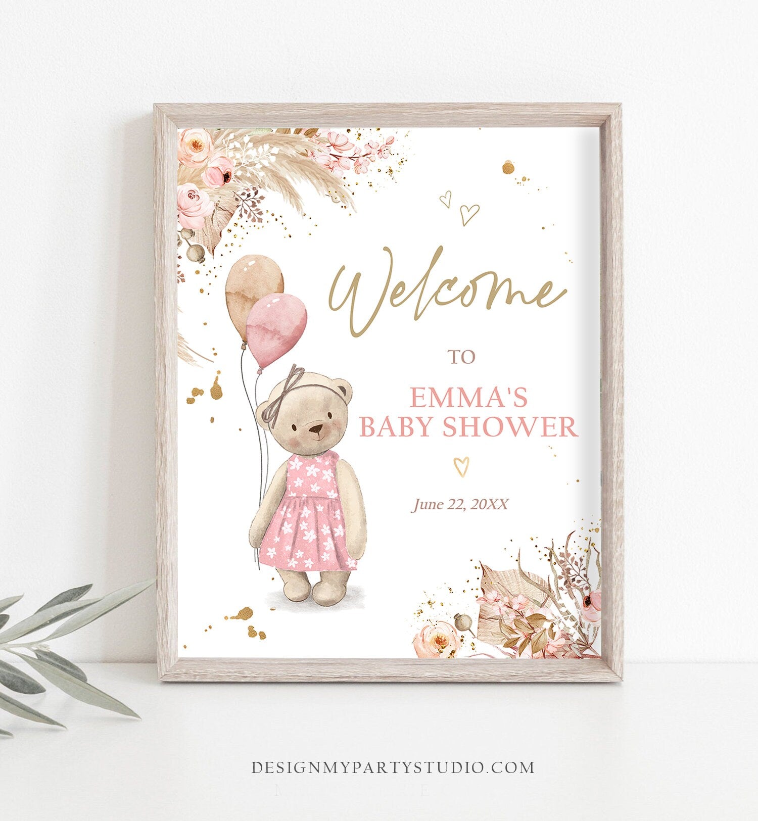 Editable Boho Teddy Bear Welcome Sign Bear Baby Shower Girl Bearly Wait Baby Shower Pampas Grass Bohemian Digital Template Printable 0421