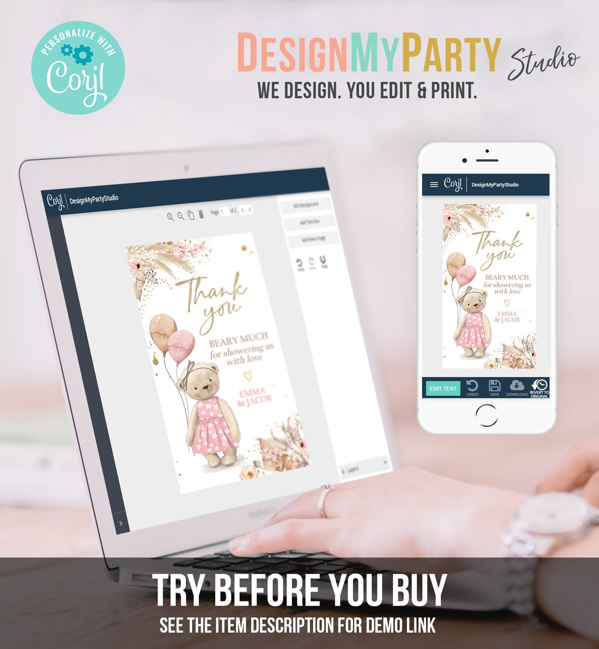 Editable Boho Teddy Bear Favor Tag Thank You Beary Much Gift Label Bearly Wait Baby Shower Bear Girl Pampas Digital Template Printable 0421