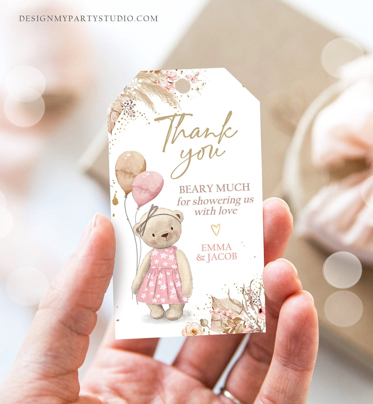 Editable Boho Teddy Bear Favor Tag Thank You Beary Much Gift Label Bearly Wait Baby Shower Bear Girl Pampas Digital Template Printable 0421