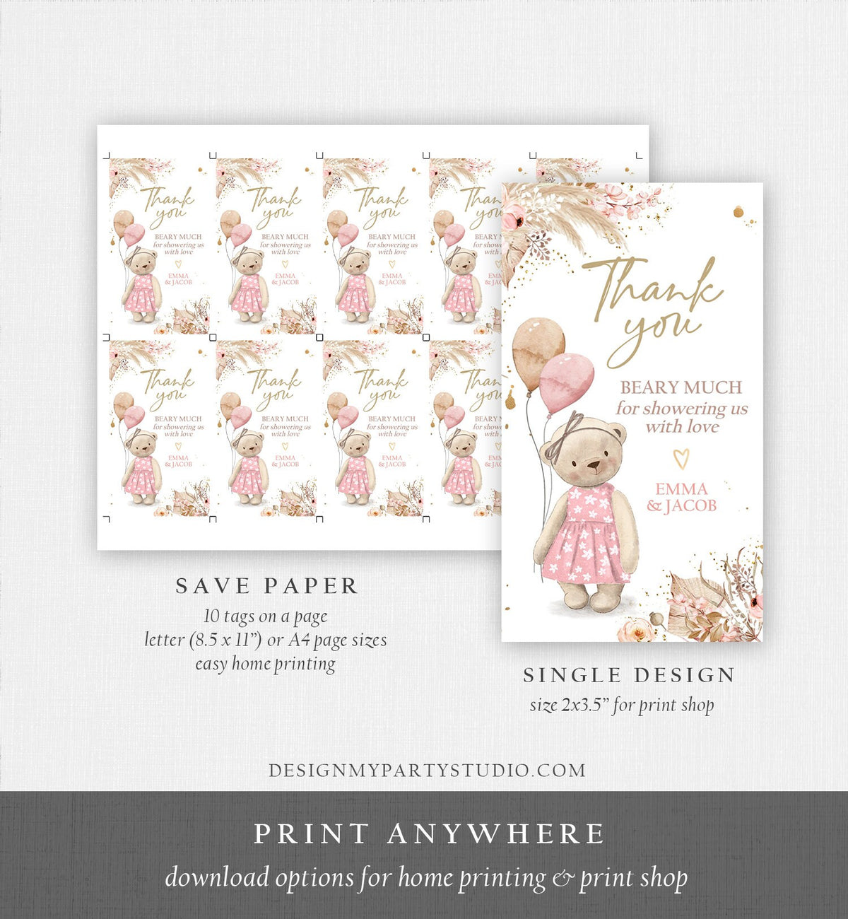 Editable Boho Teddy Bear Favor Tag Thank You Beary Much Gift Label Bearly Wait Baby Shower Bear Girl Pampas Digital Template Printable 0421