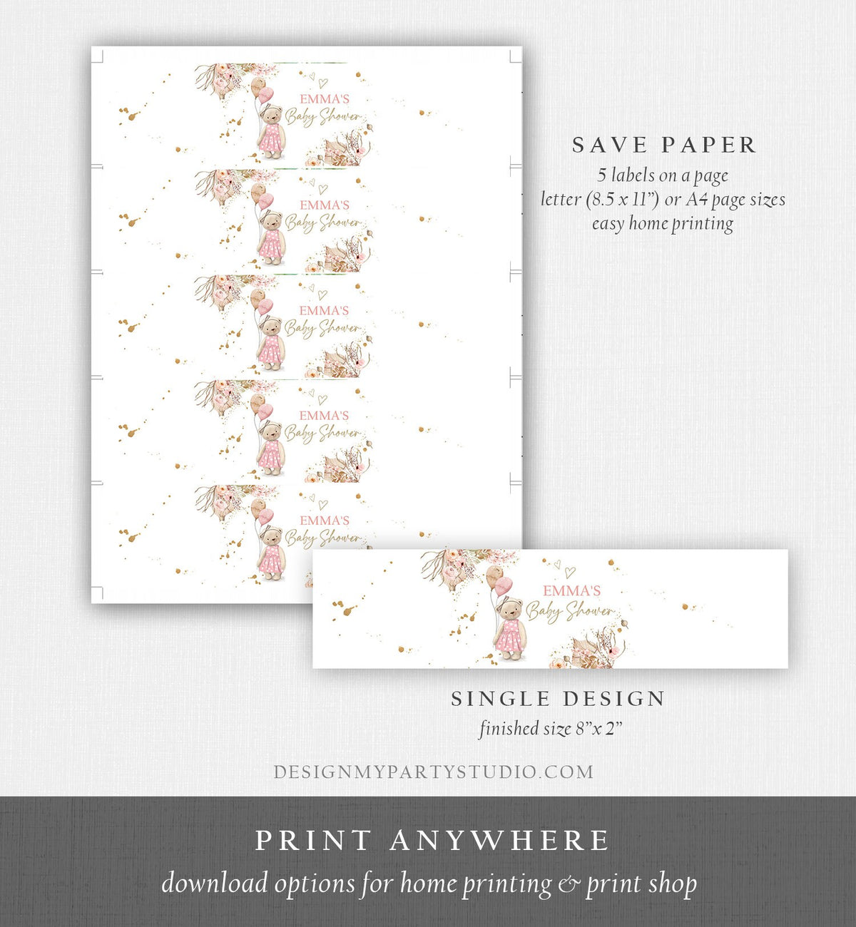 Editable Boho Teddy Bear Water Bottle Labels Bearly Wait Baby Shower Bear Girl Pink Pampas Grass Labels Tags Printable Template Corjl 0421