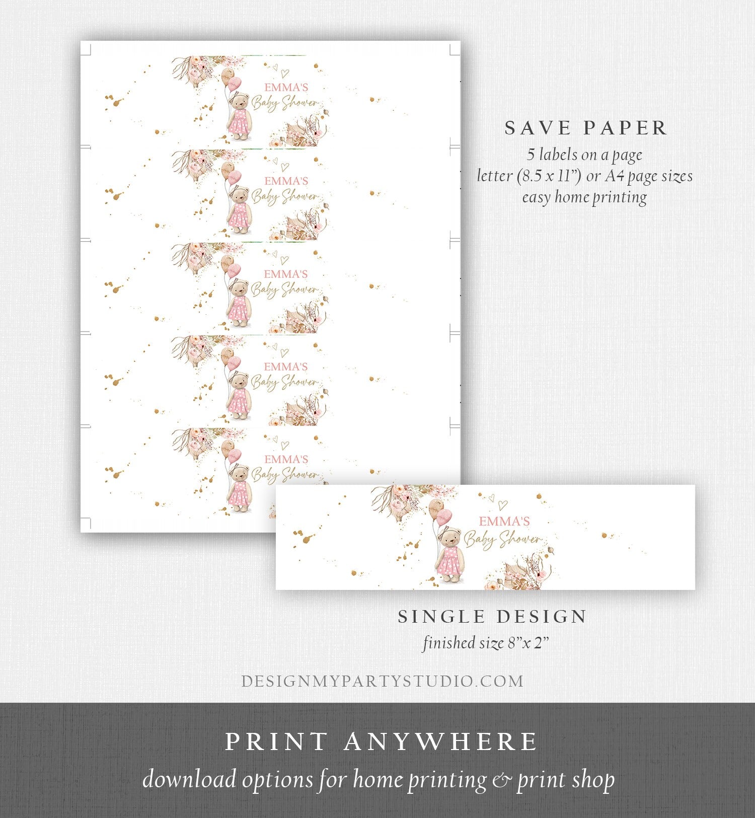 Editable Boho Teddy Bear Water Bottle Labels Bearly Wait Baby Shower Bear Girl Pink Pampas Grass Labels Tags Printable Template Corjl 0421