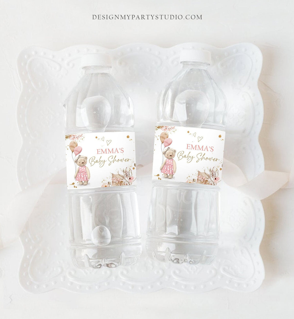 Editable Boho Teddy Bear Water Bottle Labels Bearly Wait Baby Shower Bear Girl Pink Pampas Grass Labels Tags Printable Template Corjl 0421