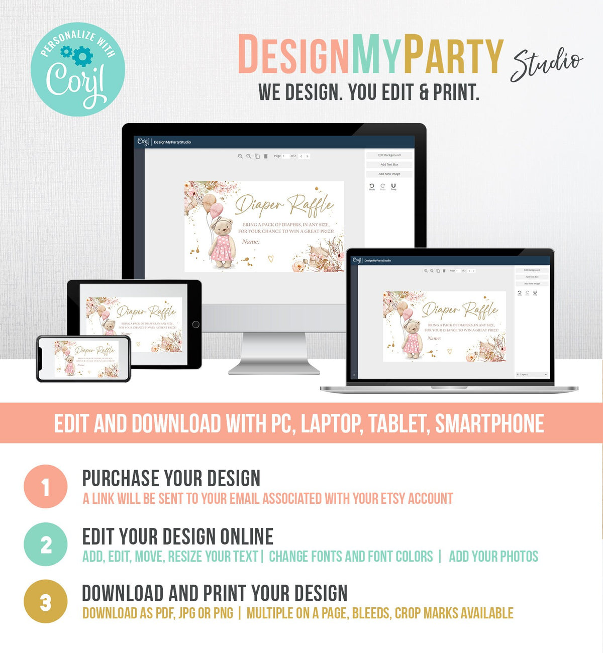 Editable Boho Teddy Bear Diaper Raffle Ticket Bear Baby Shower Pampas Grass Registry Card Diaper Game Girl Digital Template Printable 0421