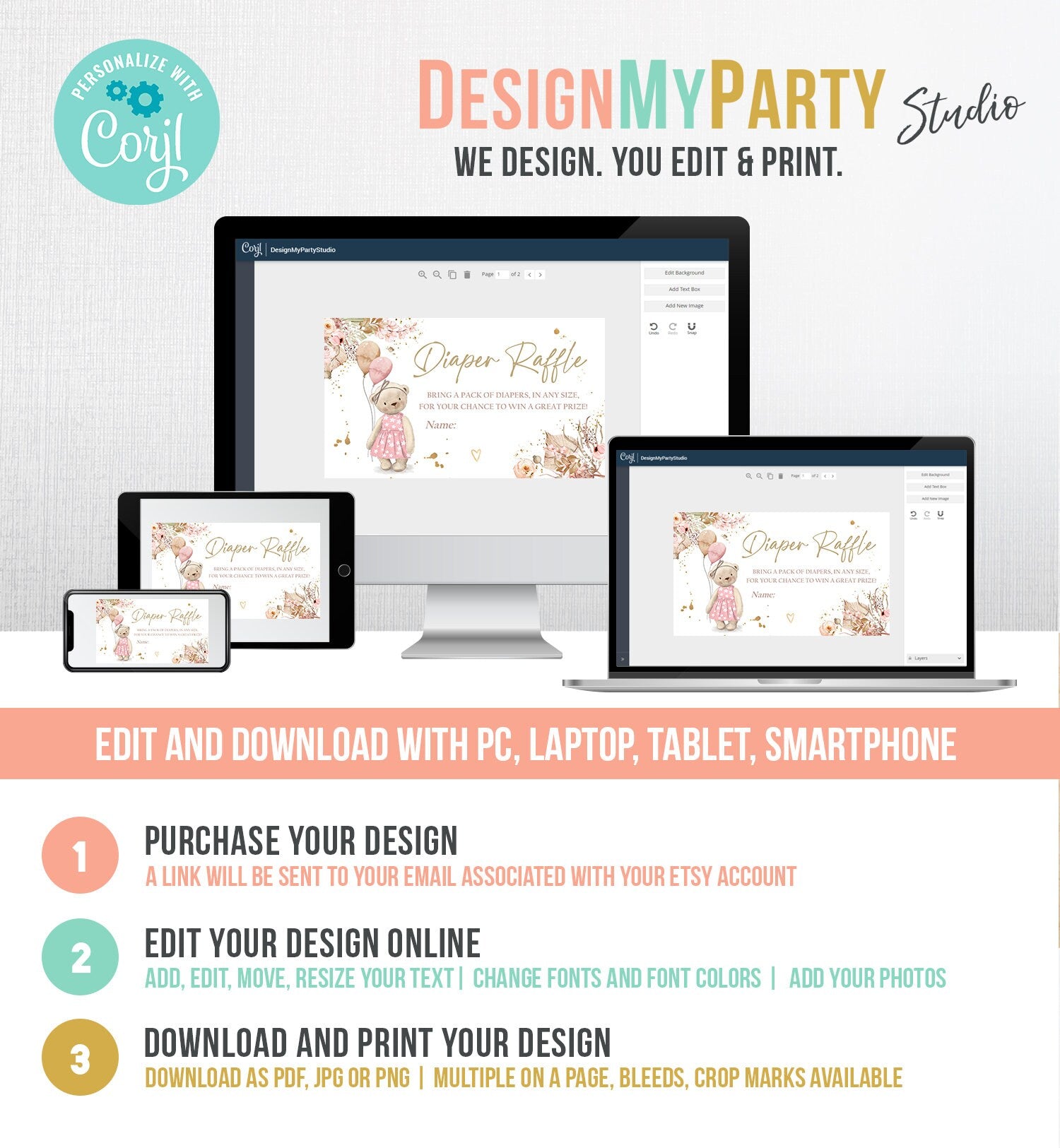 Editable Boho Teddy Bear Diaper Raffle Ticket Bear Baby Shower Pampas Grass Registry Card Diaper Game Girl Digital Template Printable 0421