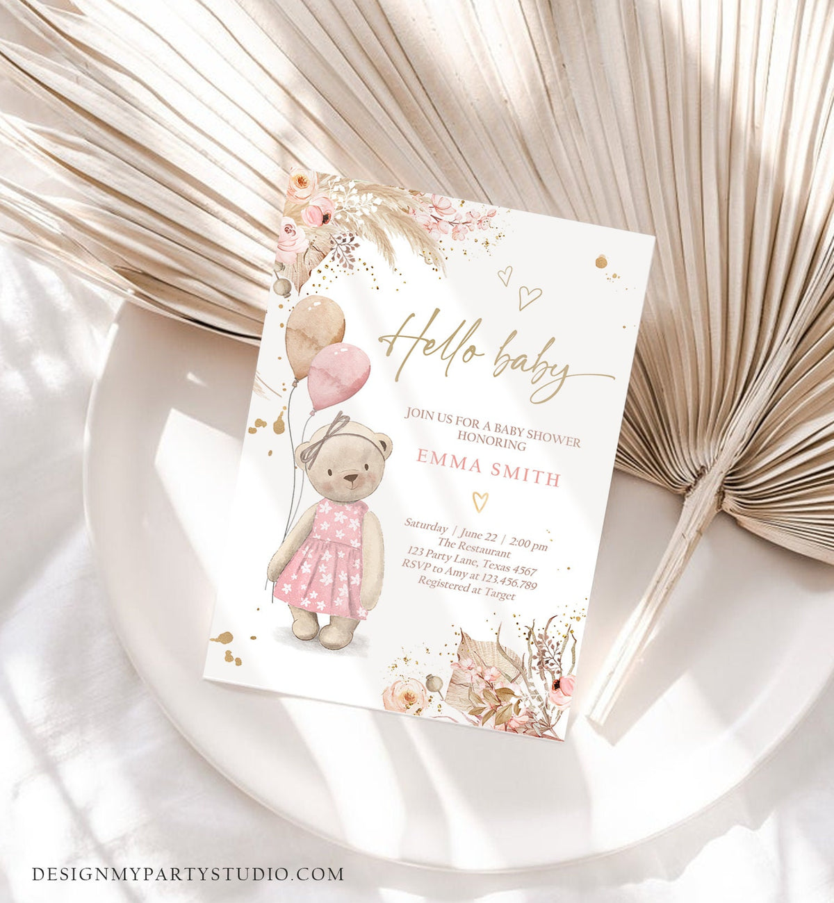 Editable Boho Teddy Bear Baby Shower Invitation We can Bearly Wait Girl Pink Bohemian Pampas Grass Cute Digital Template Printable 0421