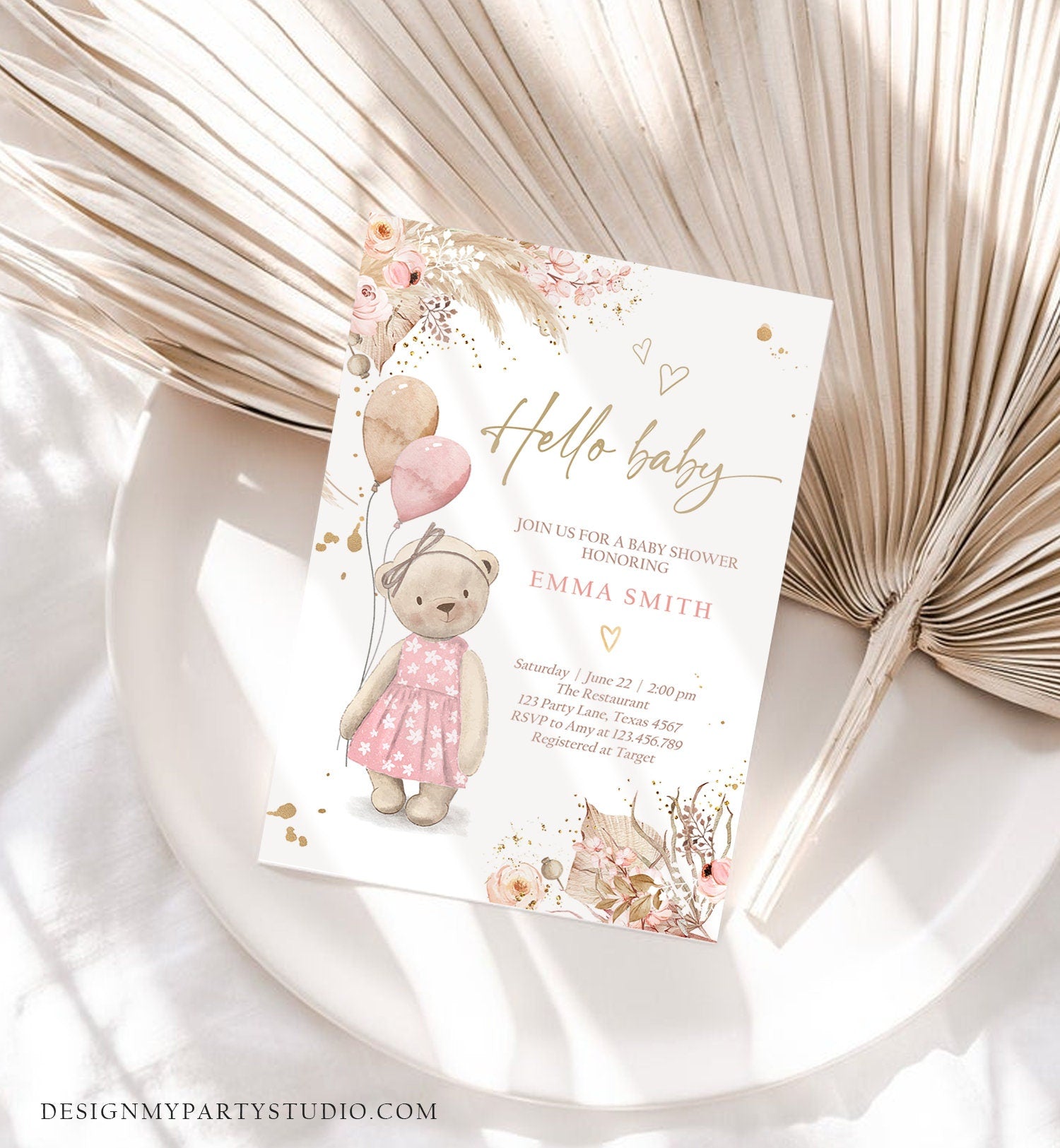 Editable Boho Teddy Bear Baby Shower Invitation We can Bearly Wait Girl Pink Bohemian Pampas Grass Cute Digital Template Printable 0421