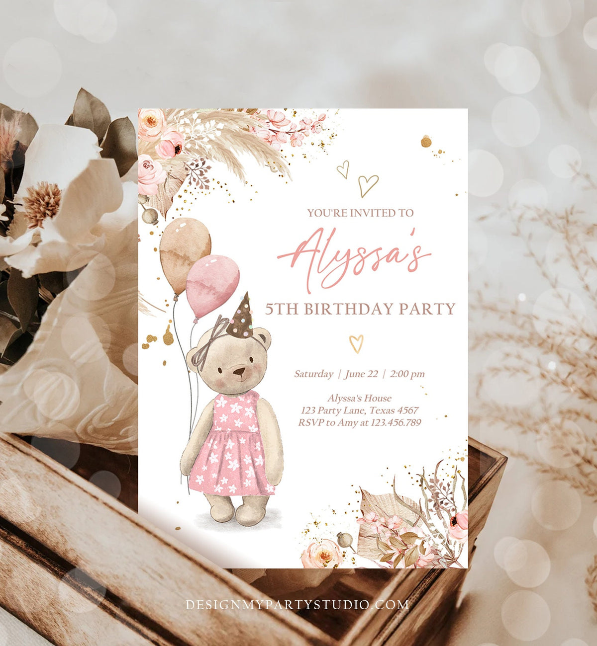 Editable Cute Teddy Bear Birthday Invitation Girl Boho Teddy Bear Picnic Summer Pampas Grass Pink Printable Digital Corjl Template 0421