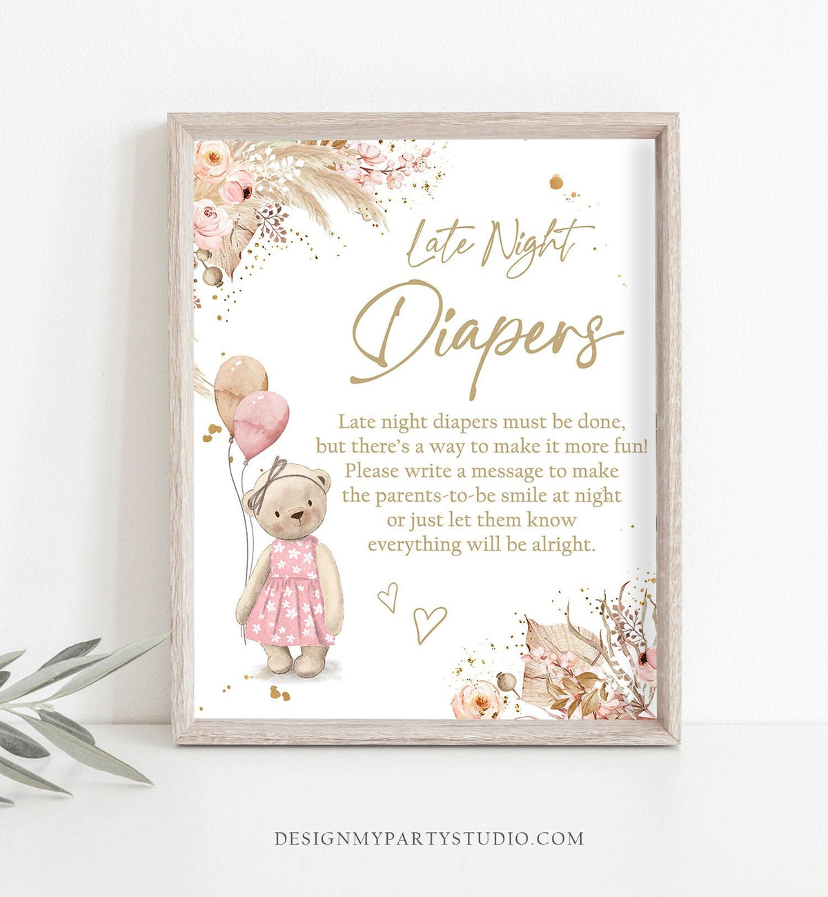 Late Night Diapers Sign Boho Teddy Bear Baby Shower Sign Boho Baby Shower Game Diaper Thoughts Pampas Grass Decor Girl Pink Printable 0421