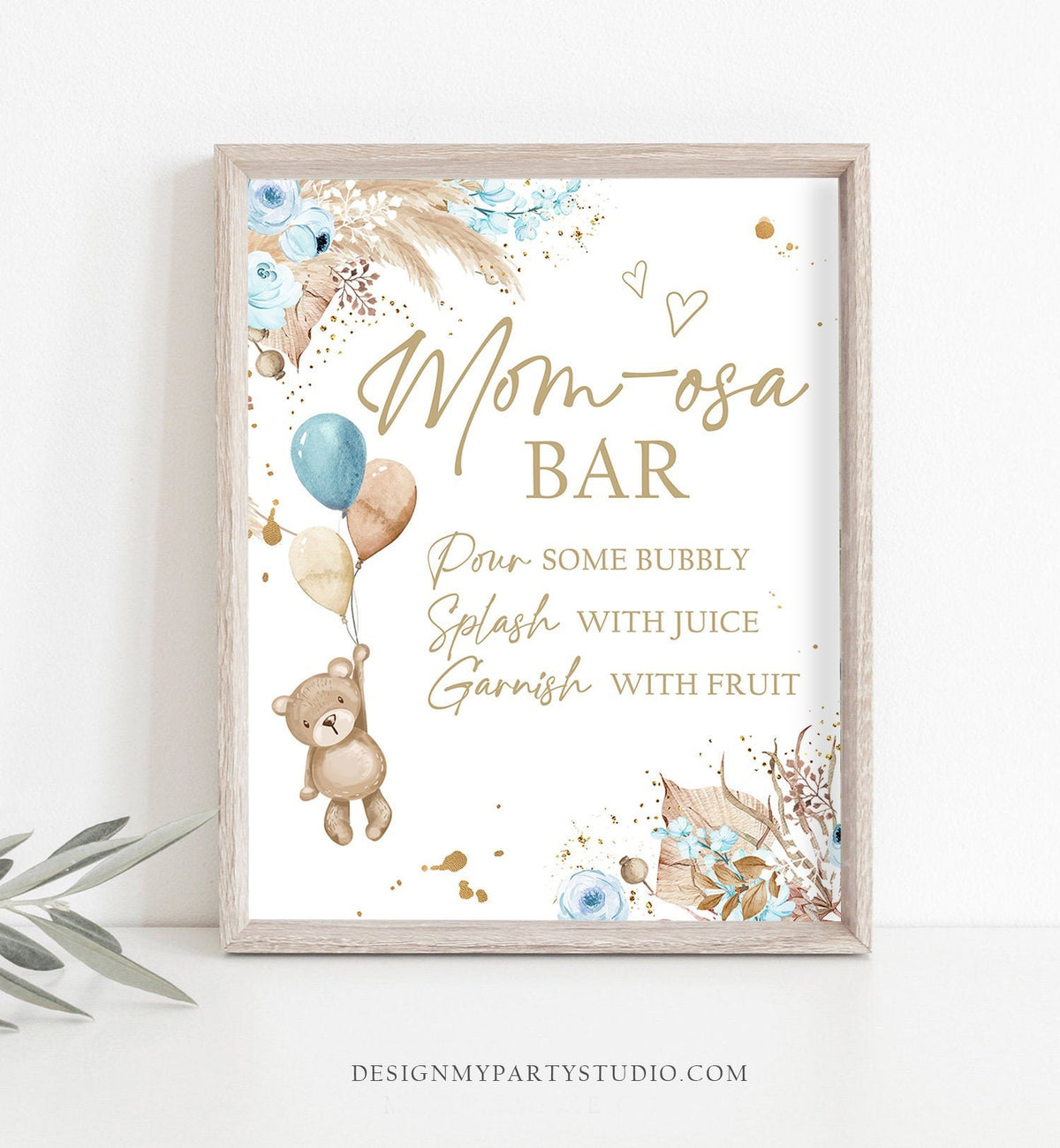 Momosa Bar Sign Boho Teddy Bear Baby Shower Sign Boho Baby Shower Mom-osa Bar Mimosa Drinks Pampas Grass Decor Boy Blue Printable 0421