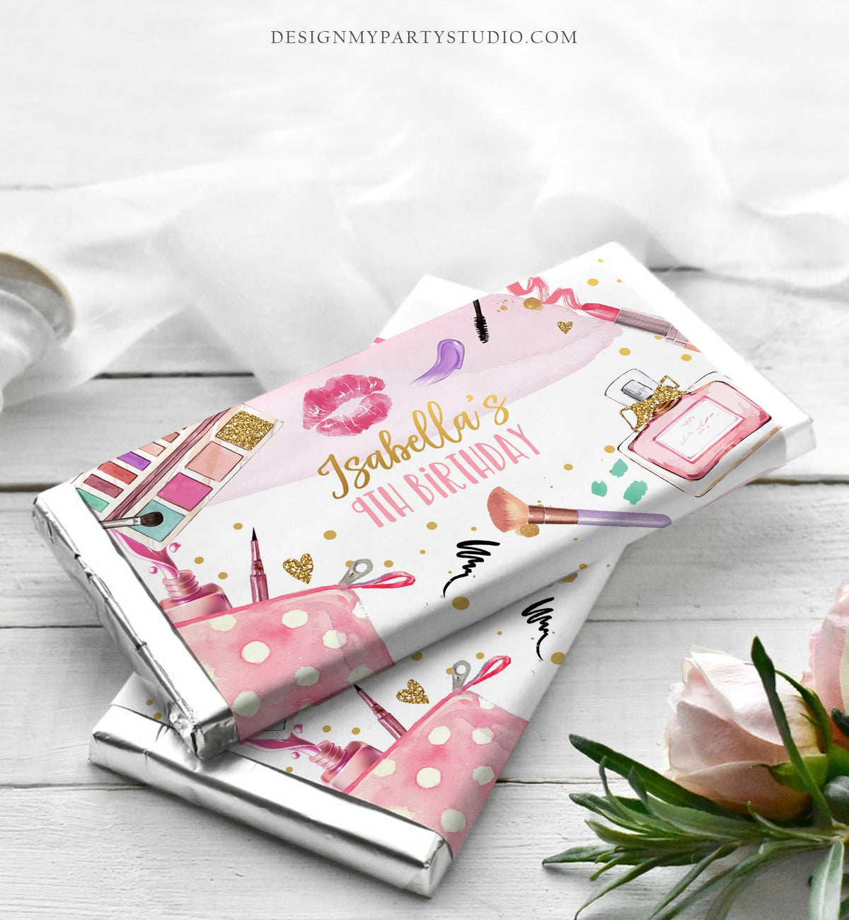 Editable Spa Party Candy Bar Wrapper Glitters and Glamour Birthday Labels Fashion Makeup Girl Glamour Download Corjl Template Printable 0420