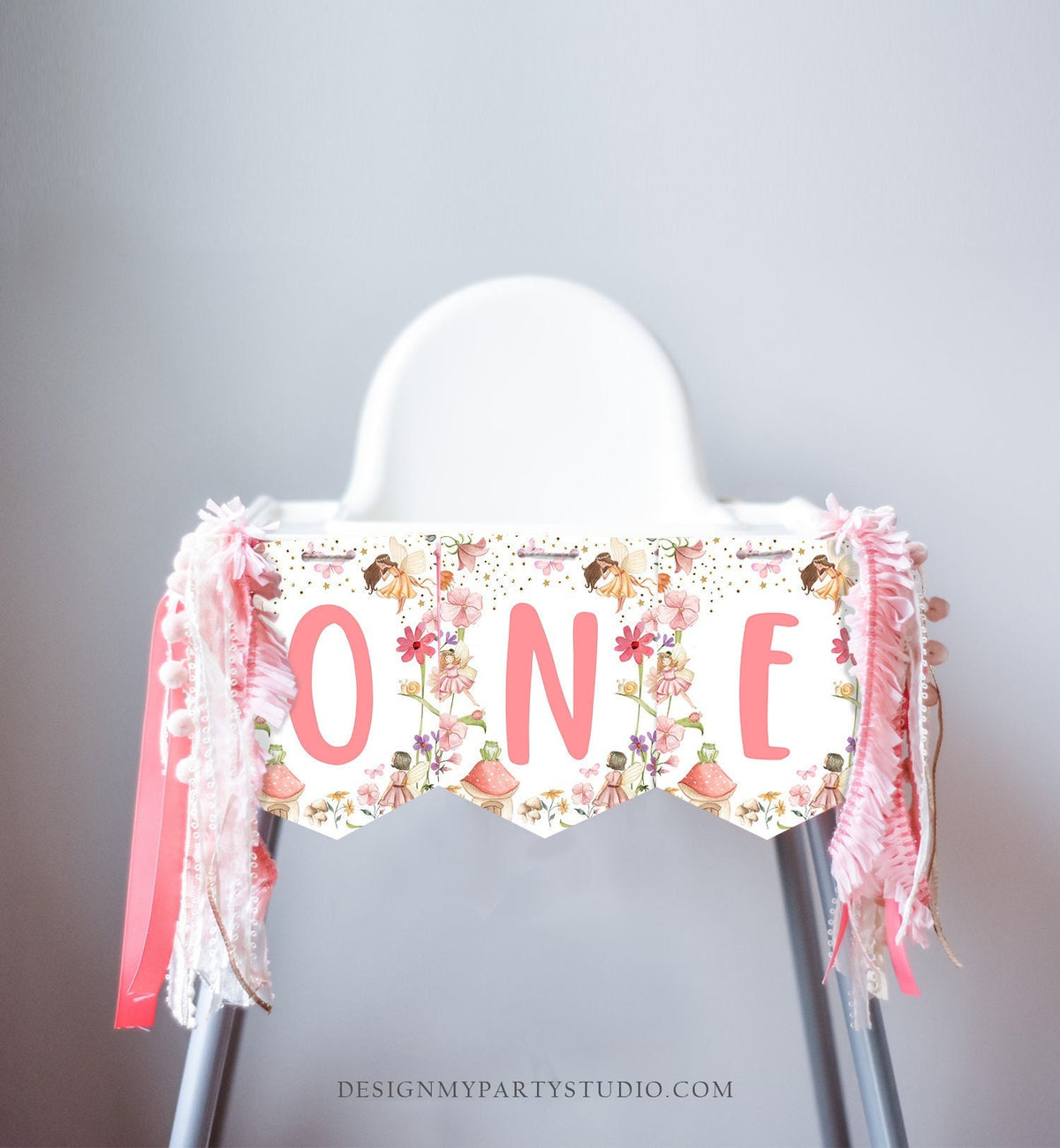 Fairy High Chair Banner Fairy First Birthday 1st First Birthday Pink High Chair Banner ONE Decor Fairy Garden Forest PRINTABLE Digital 0406
