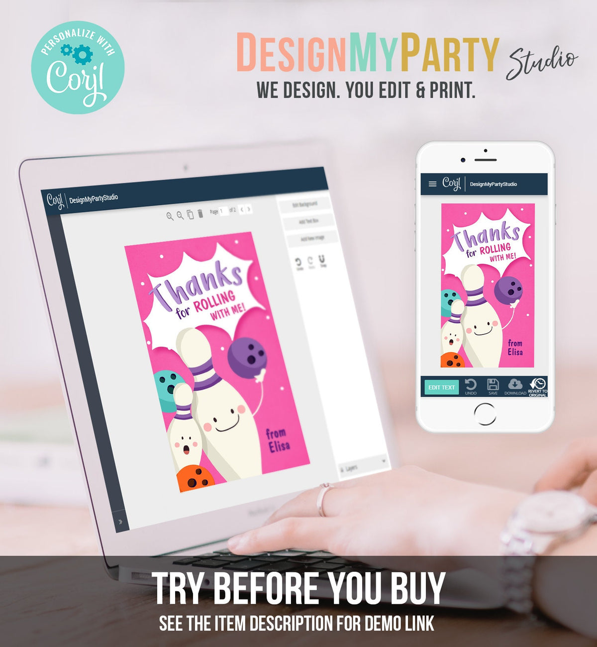 Editable Bowling Favor Tag Bowling Party Thank You Tag Label Rolling With Me Girl Birthday Pink Digital Download Template Printable 0324