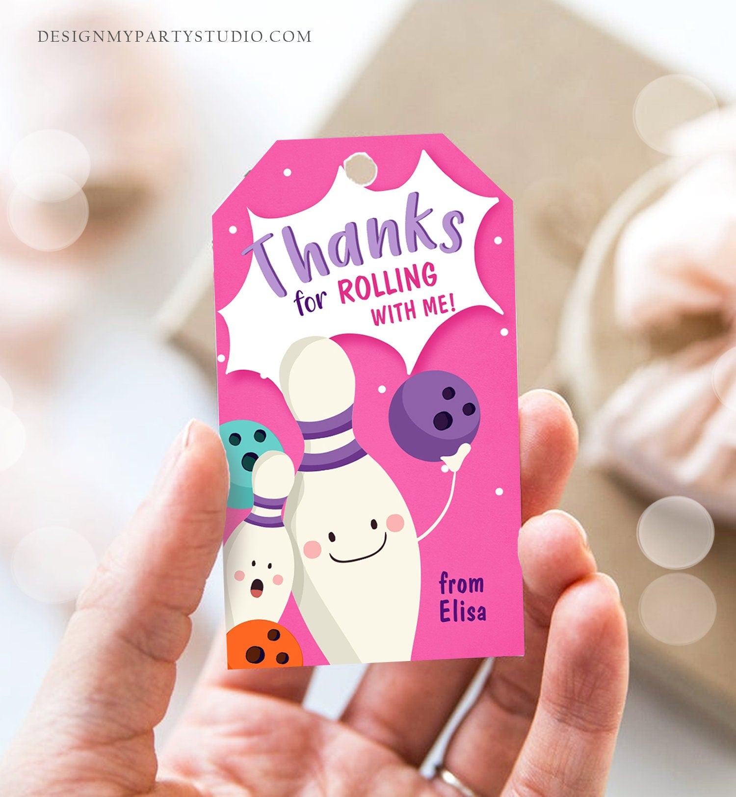 Editable Bowling Favor Tag Bowling Party Thank You Tag Label Rolling With Me Girl Birthday Pink Digital Download Template Printable 0324