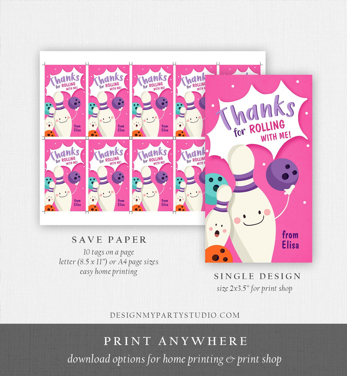 Editable Bowling Favor Tag Bowling Party Thank You Tag Label Rolling With Me Girl Birthday Pink Digital Download Template Printable 0324