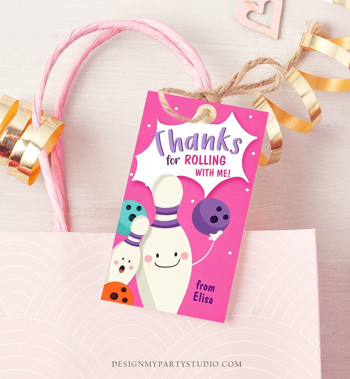 Editable Bowling Favor Tag Bowling Party Thank You Tag Label Rolling With Me Girl Birthday Pink Digital Download Template Printable 0324