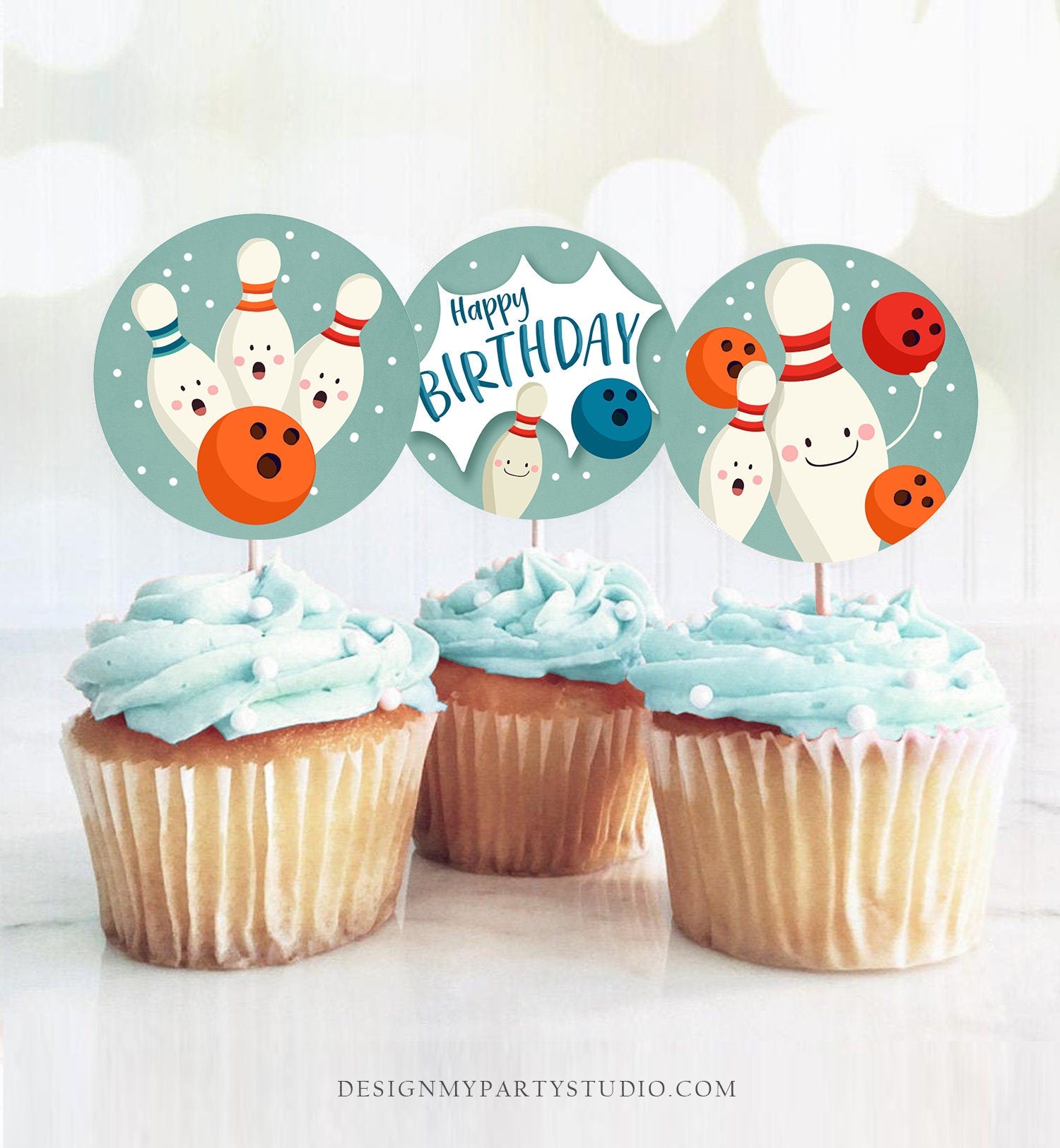 Bowling Party Cupcake Toppers Bowling Birthday Party Decorations Boy Stickers Tags Bowling Cupcake Toppers Download Digital PRINTABLE 0324